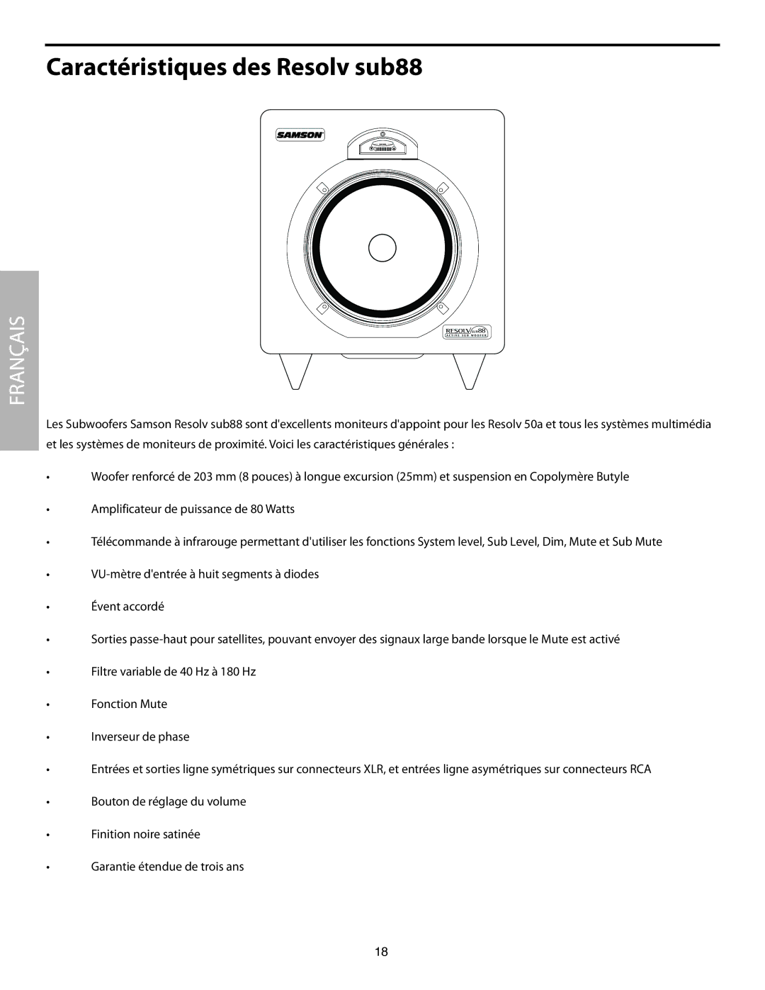 Samson SUB88 manual Caractéristiques des Resolv sub88 