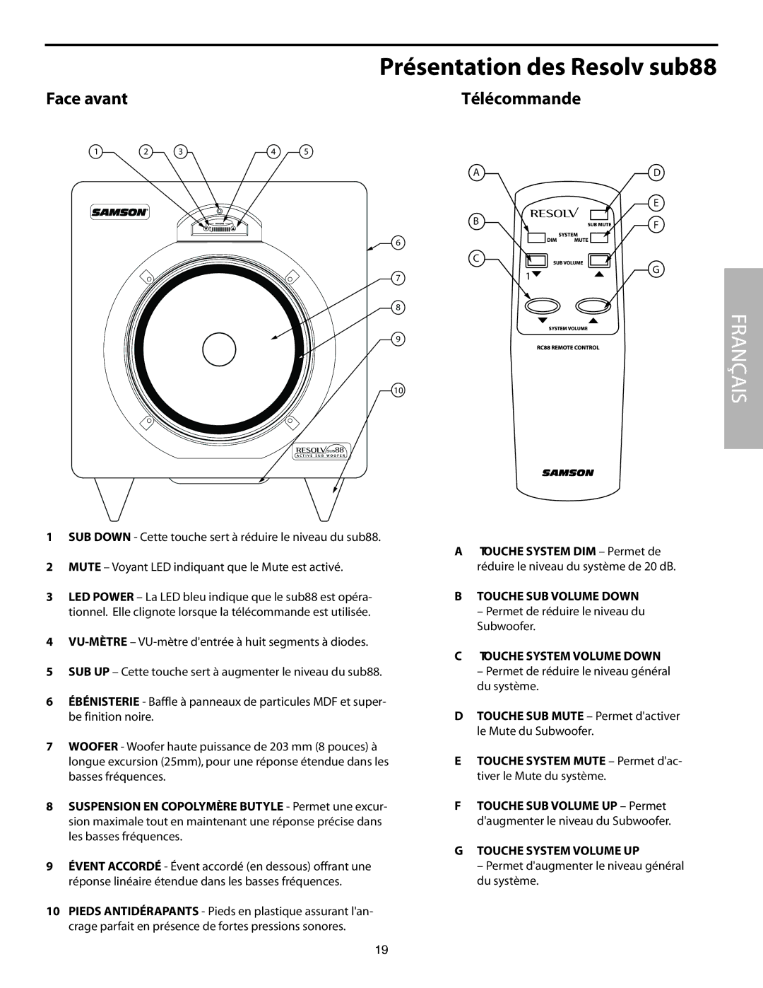 Samson SUB88 manual Face avant Télécommande, Touche SUB Volume Down, Touche System Volume Down, Touche System Volume UP 
