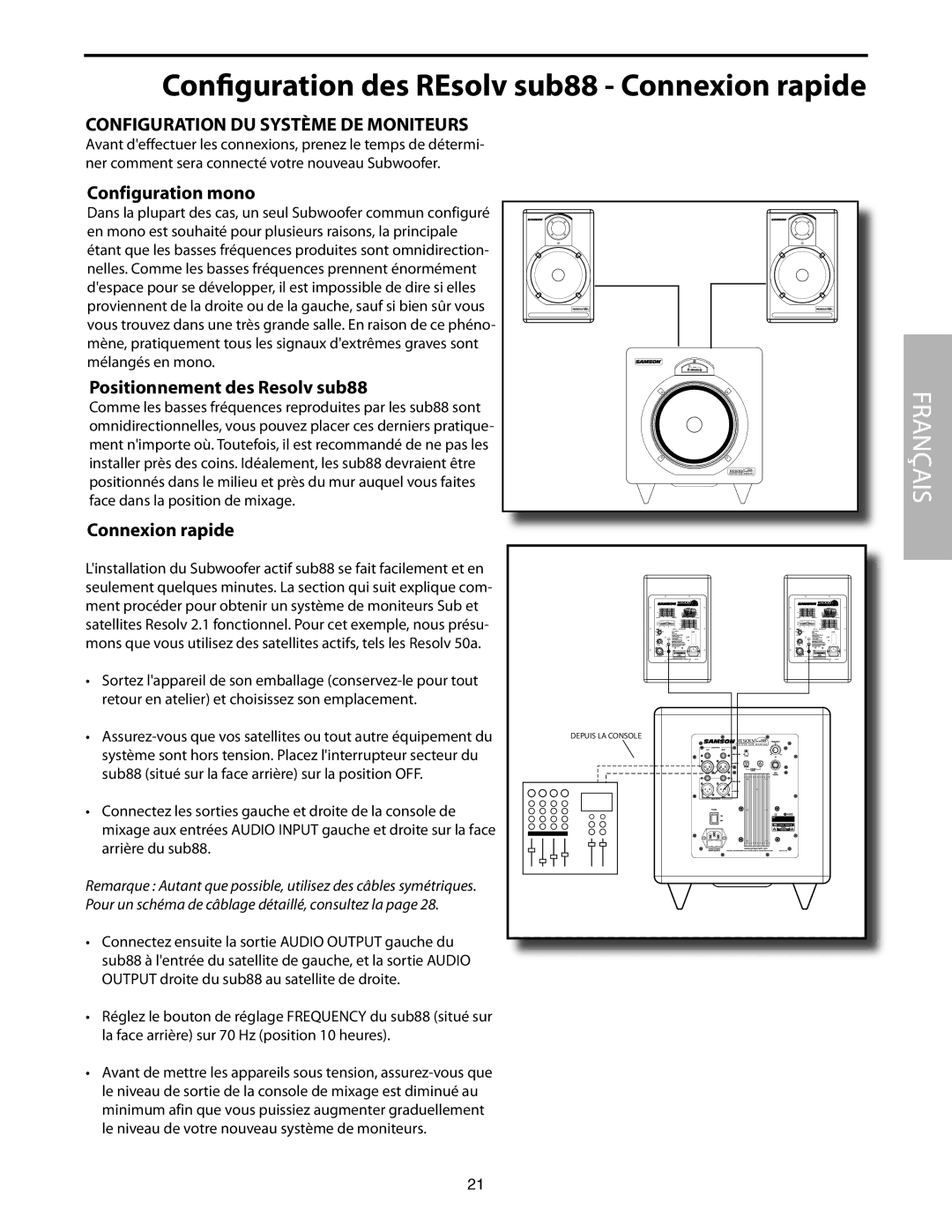 Samson SUB88 Configuration DU Système DE Moniteurs, Configuration mono, Positionnement des Resolv sub88, Connexion rapide 