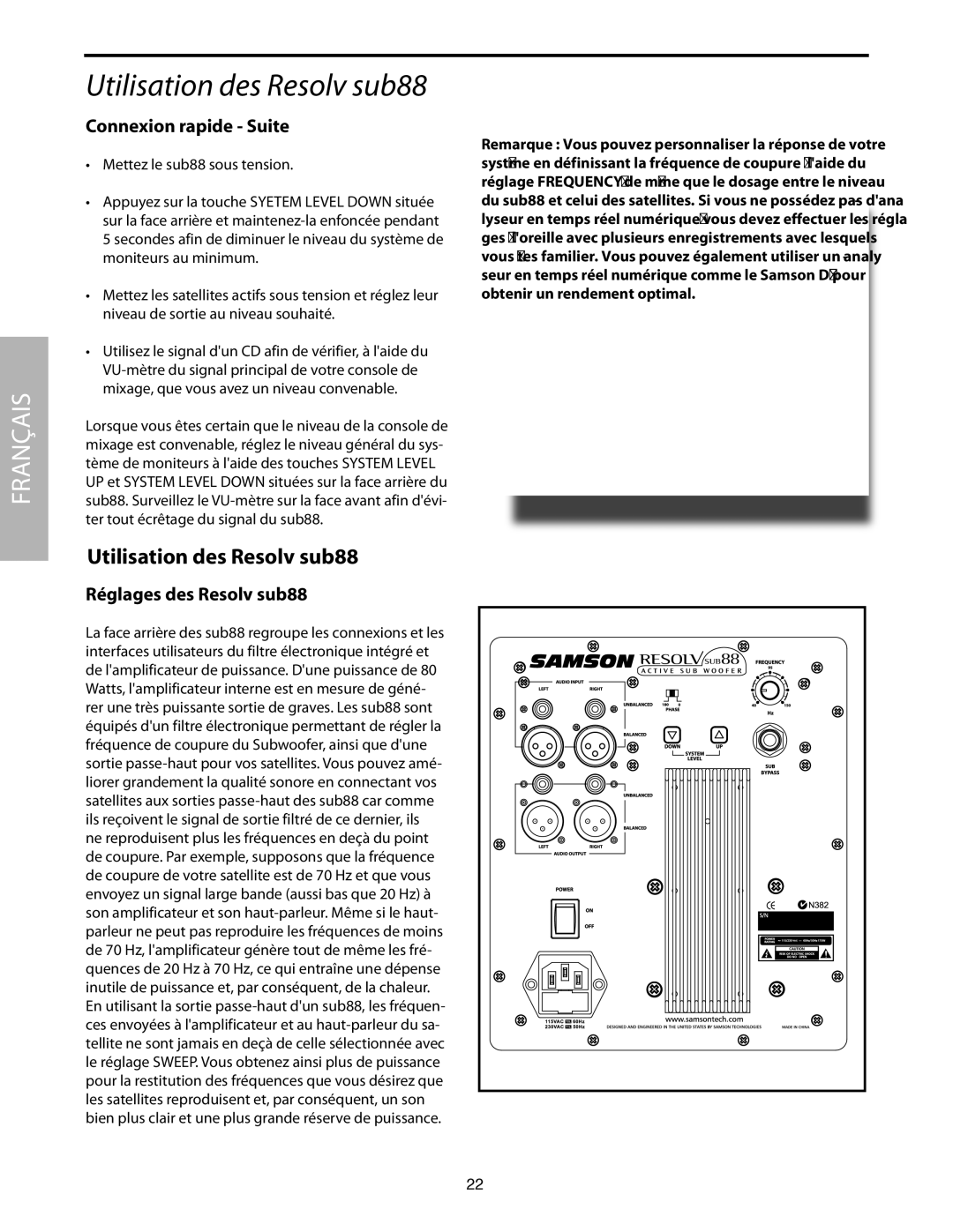 Samson SUB88 manual Utilisation des Resolv sub88, Connexion rapide Suite, Réglages des Resolv sub88 