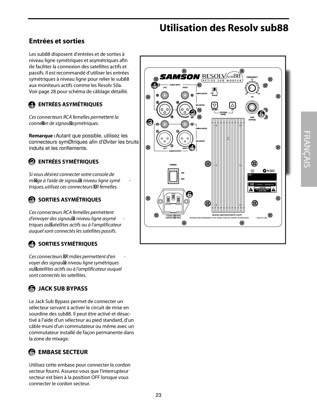 Samson SUB88 manual Entrées et sorties, Jack SUB Bypass, EMBASe secteur 