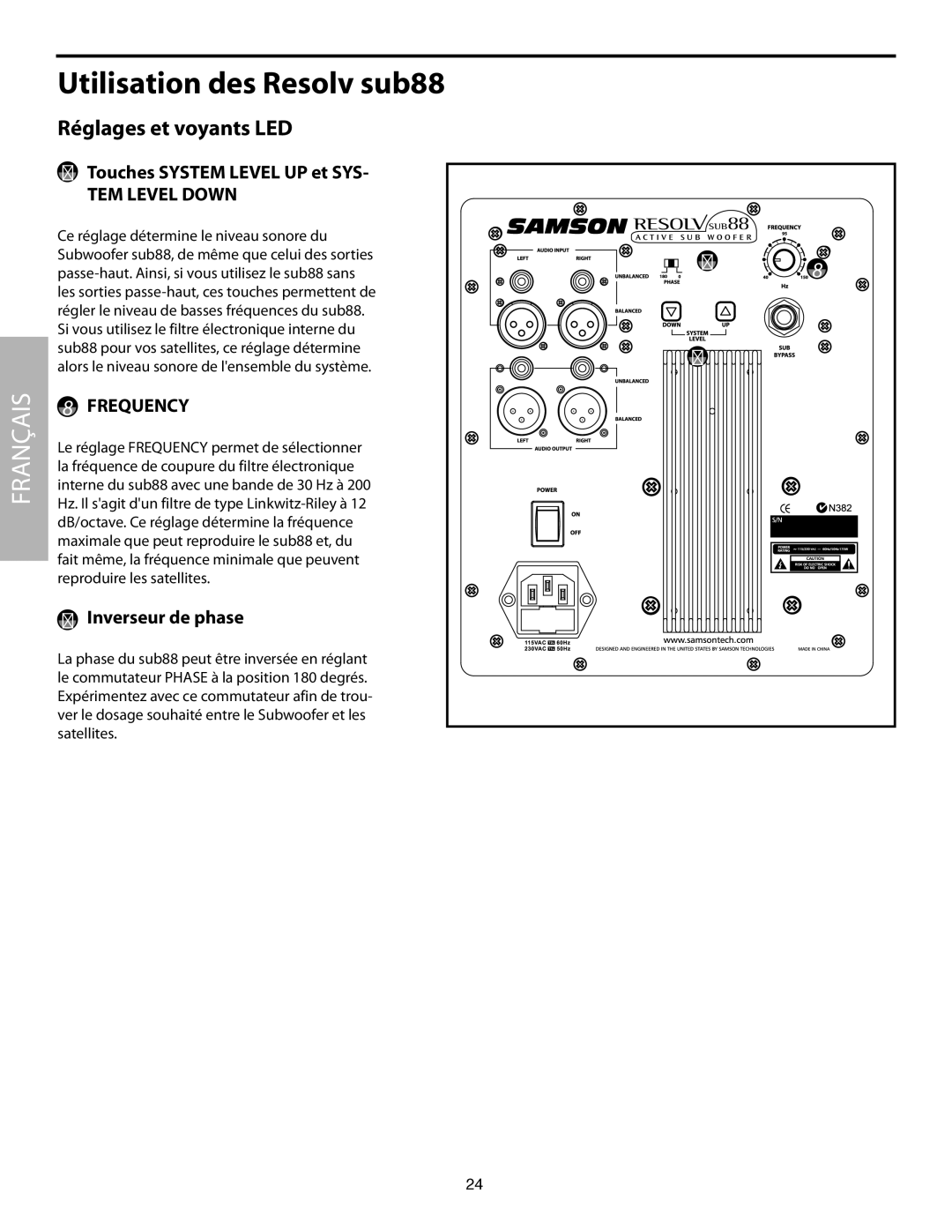 Samson SUB88 manual Réglages et voyants LED, Touches System Level UP et SYS- TEM Level Down, Inverseur de phase 