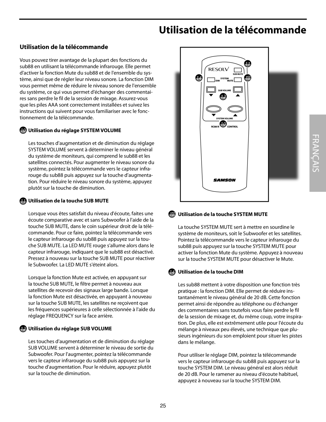 Samson SUB88 manual Utilisation de la télécommande 