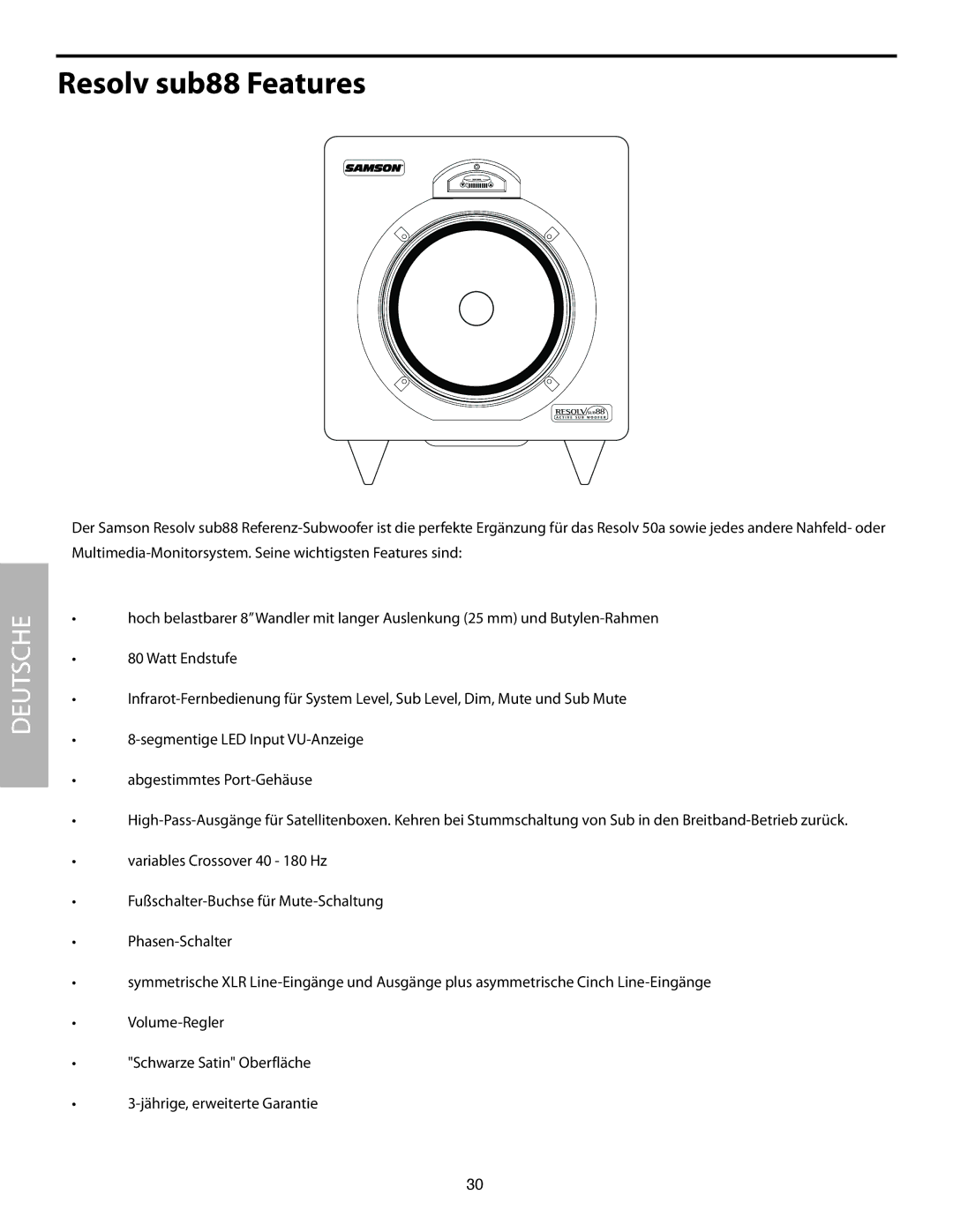 Samson SUB88 manual Resolv sub88 Features 