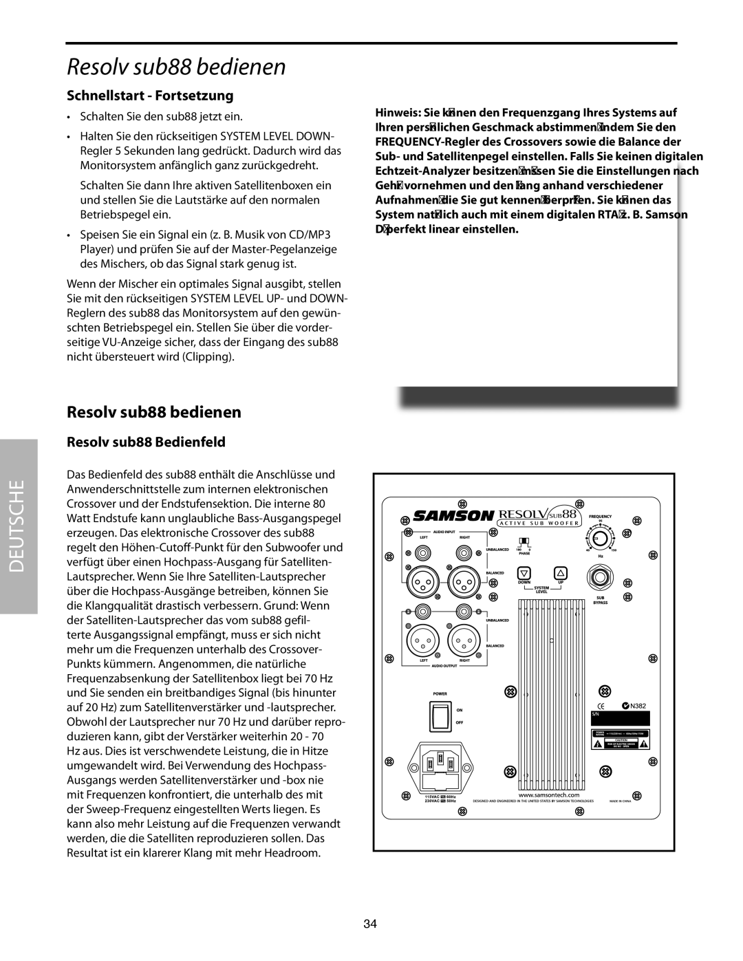 Samson SUB88 manual Resolv sub88 bedienen, Schnellstart Fortsetzung, Resolv sub88 Bedienfeld 