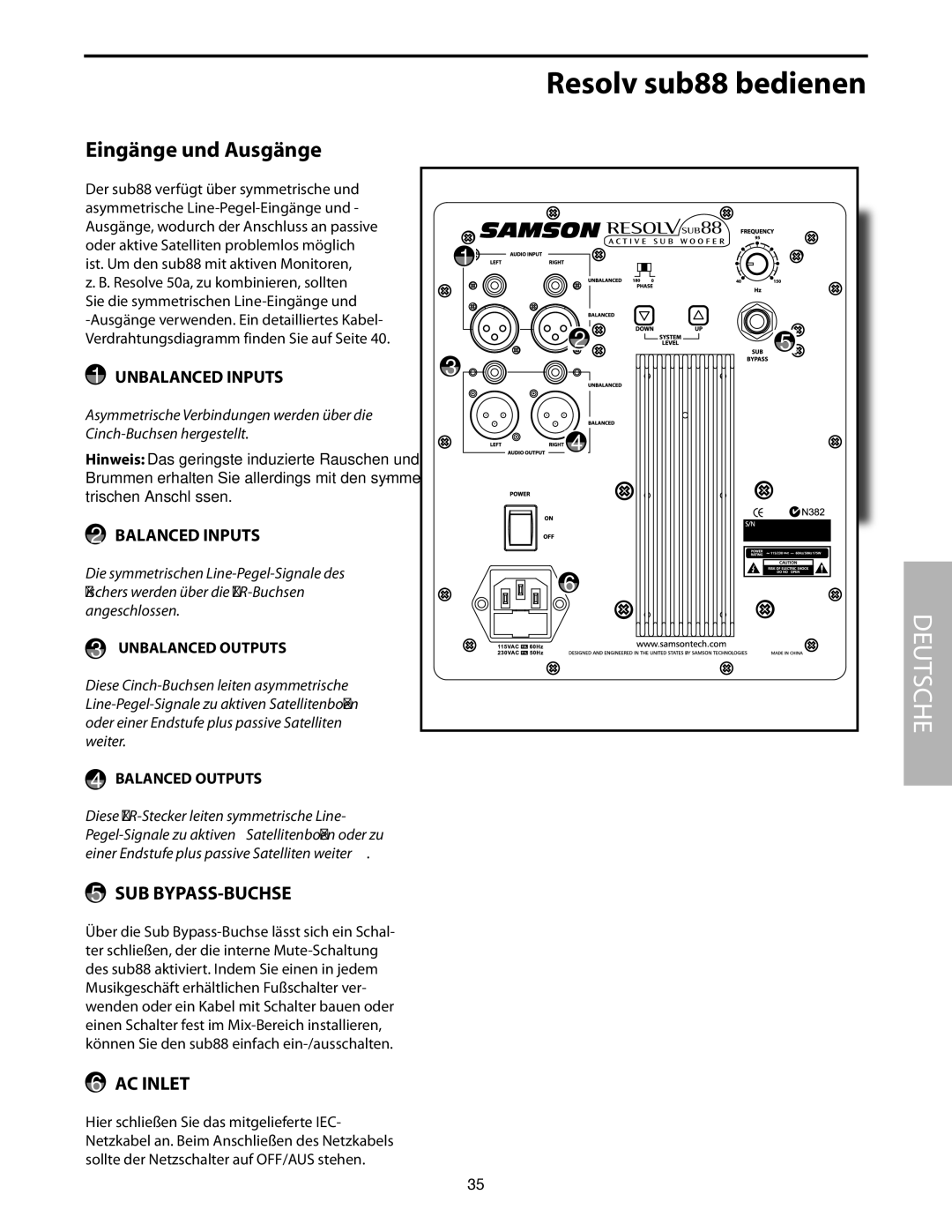 Samson SUB88 manual Eingänge und Ausgänge, Sub Bypass-Buchse 