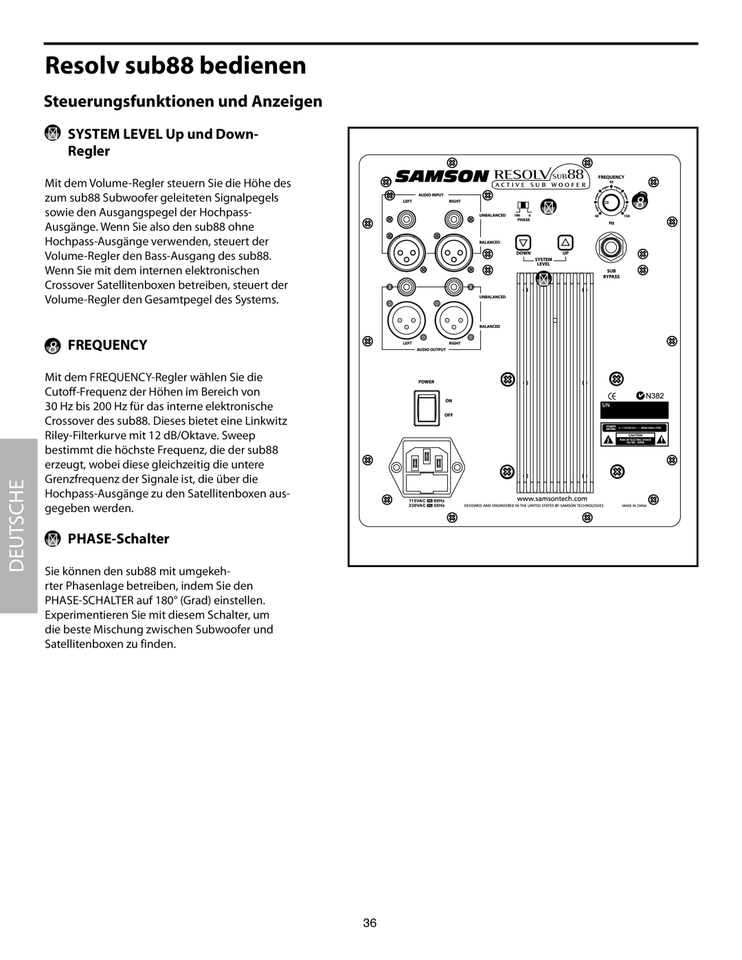 Samson SUB88 manual System Level Up und Down- Regler, PHASE-Schalter 