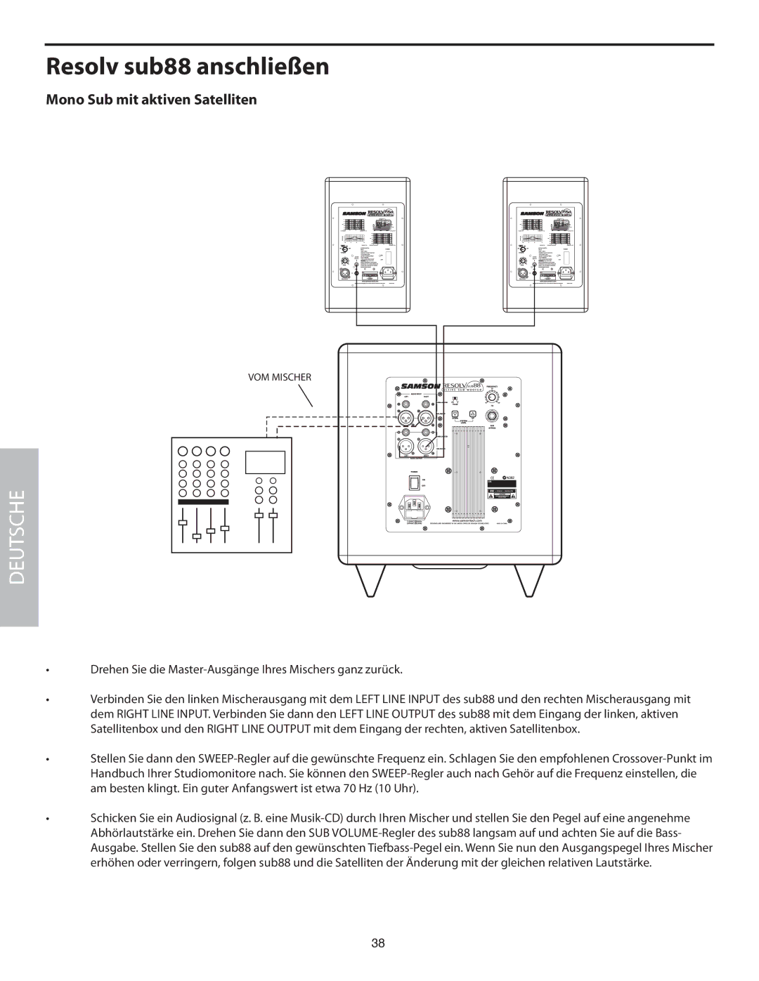 Samson SUB88 manual Resolv sub88 anschließen, Mono Sub mit aktiven Satelliten 