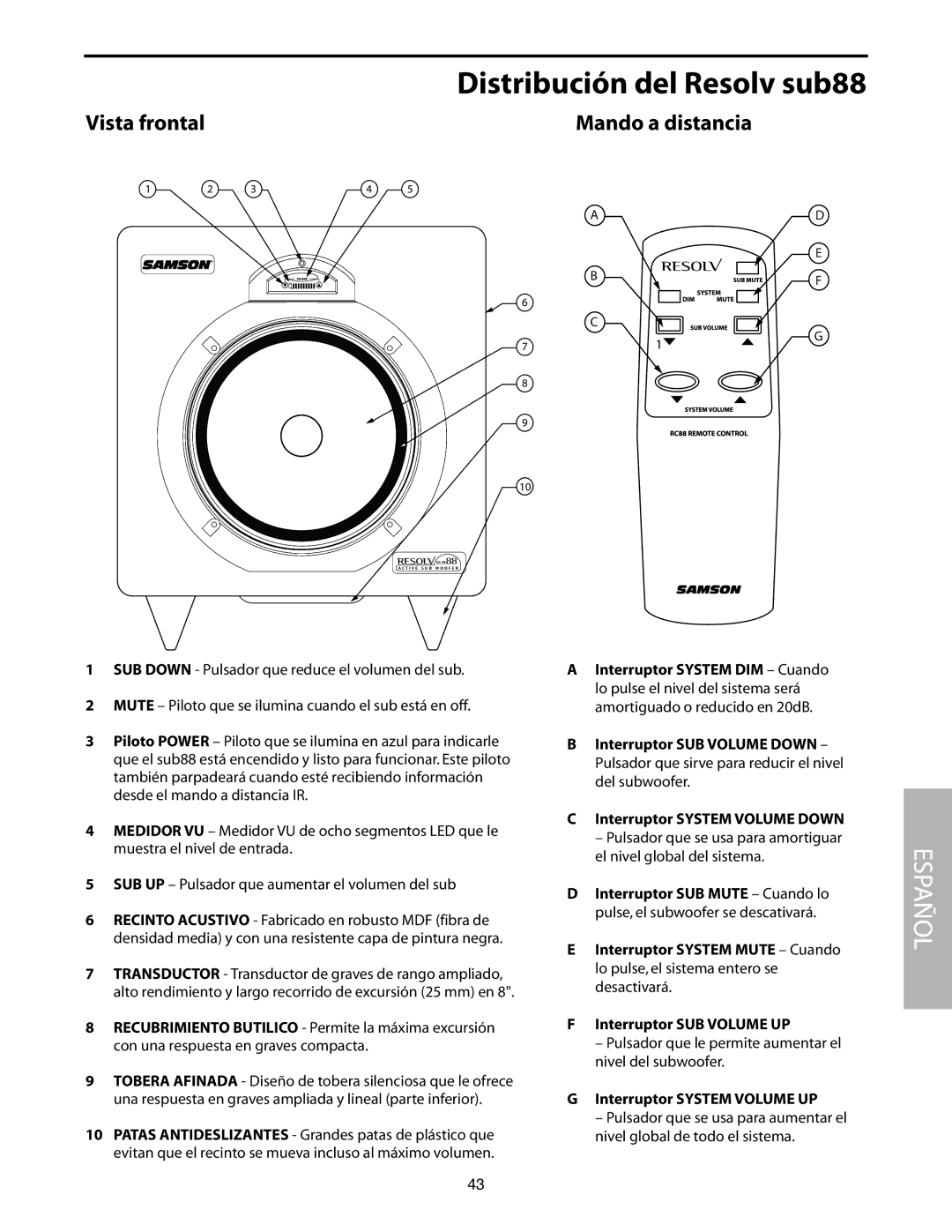 Samson SUB88 manual Distribución del Resolv sub88, Vista frontal Mando a distancia, Interruptor System Volume UP 