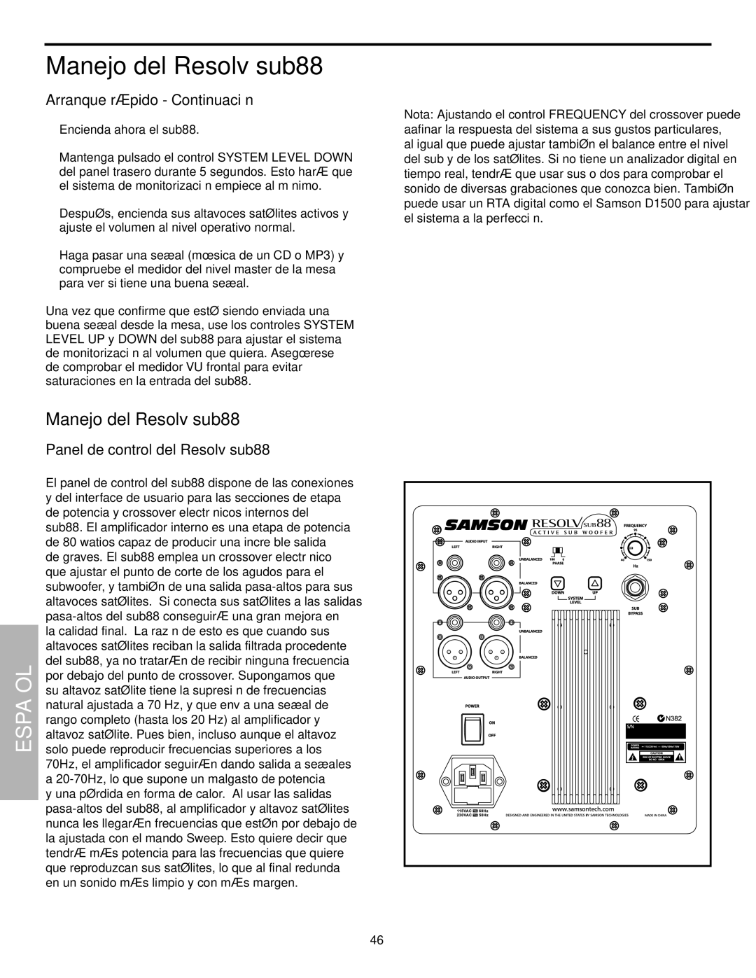 Samson SUB88 manual Manejo del Resolv sub88, Arranque rápido Continuación, Panel de control del Resolv sub88 