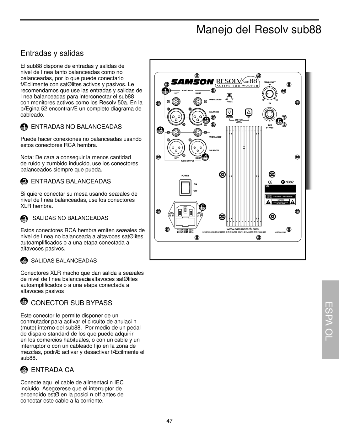 Samson SUB88 manual Entradas y salidas, Conector SUB Bypass, Entrada CA 