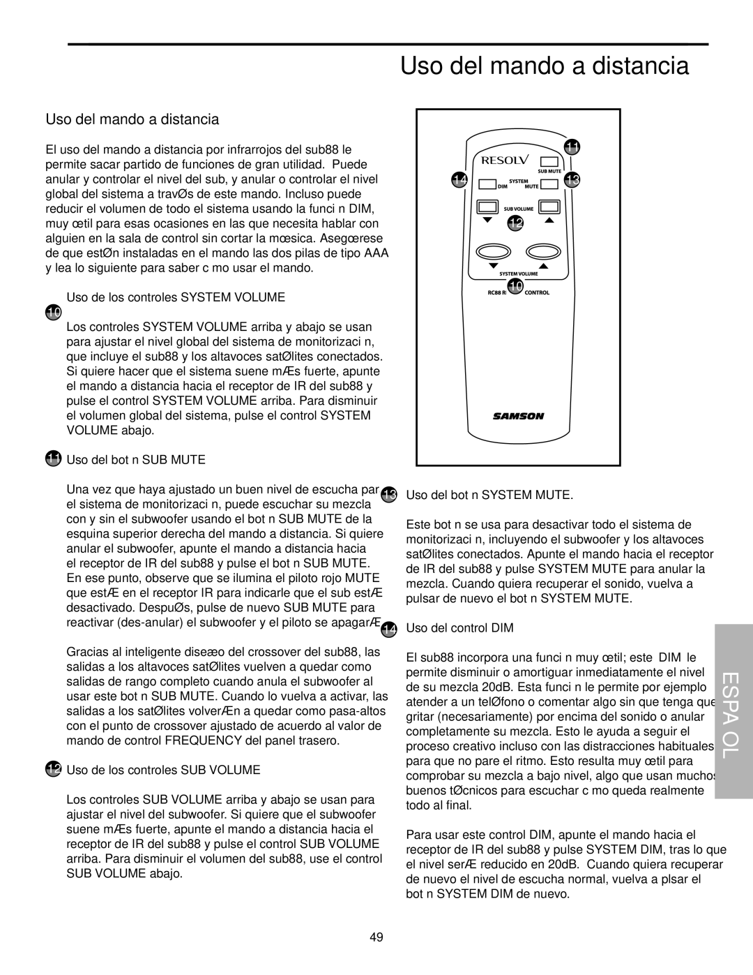 Samson SUB88 manual Uso del mando a distancia 