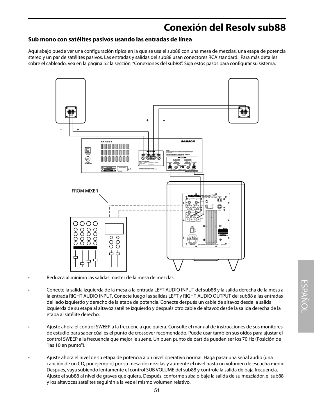 Samson SUB88 manual Sub mono con satélites pasivos usando las entradas de línea 