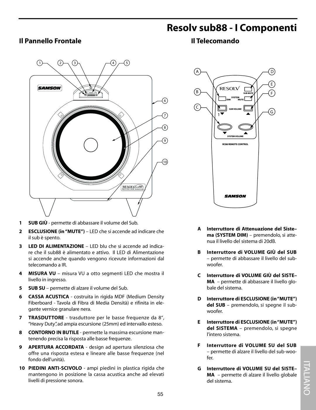 Samson SUB88 manual Resolv sub88 I Componenti, Il Pannello Frontale, Il Telecomando, Interruttore di Volume GIù del SUB 