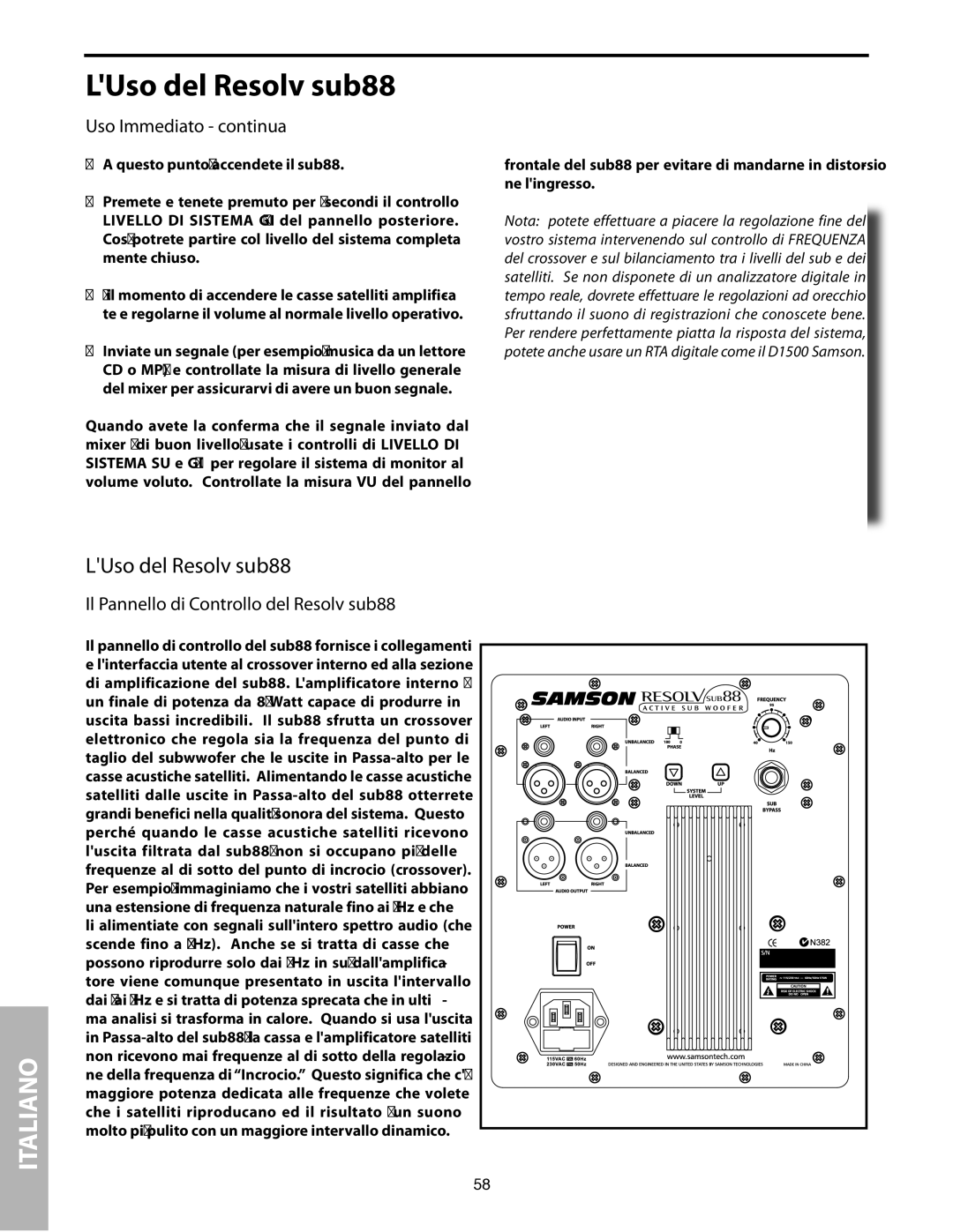 Samson SUB88 manual LUso del Resolv sub88, Uso Immediato continua, Il Pannello di Controllo del Resolv sub88 