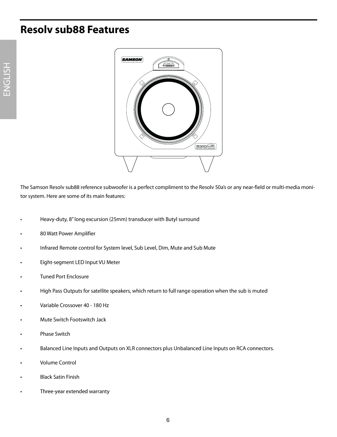 Samson SUB88 manual Resolv sub88 Features 