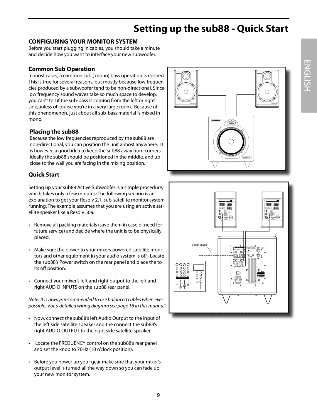 Samson SUB88 Setting up the sub88 Quick Start, CONFIGURING YOUR MONITOR System, Common Sub Operation, Placing the sub88 