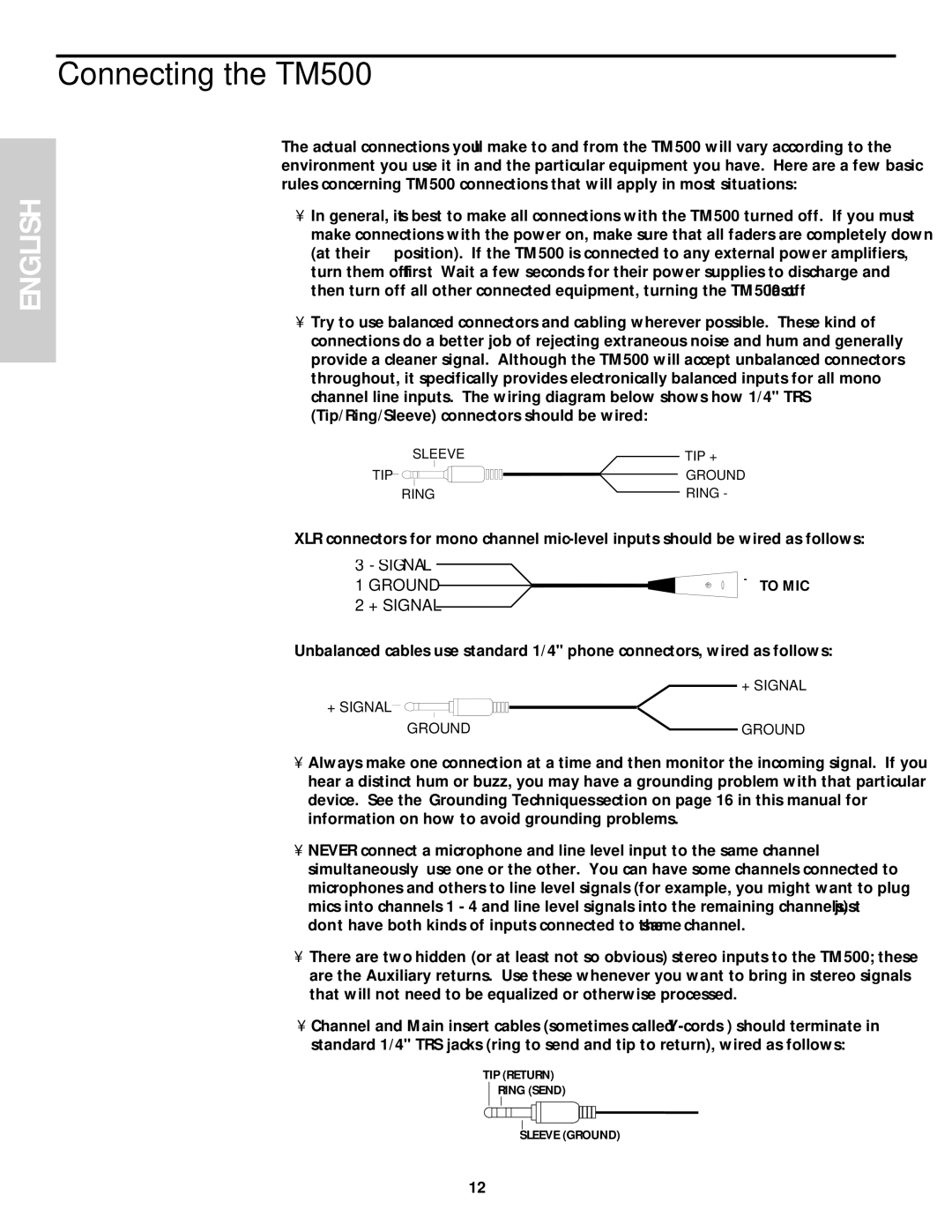 Samson TM 500 owner manual Connecting the TM500, Signal Ground T to MIC + Signal 