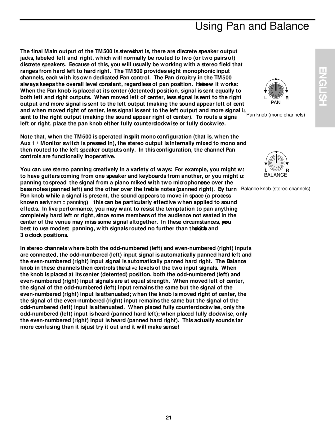 Samson TM 500 owner manual Using Pan and Balance 