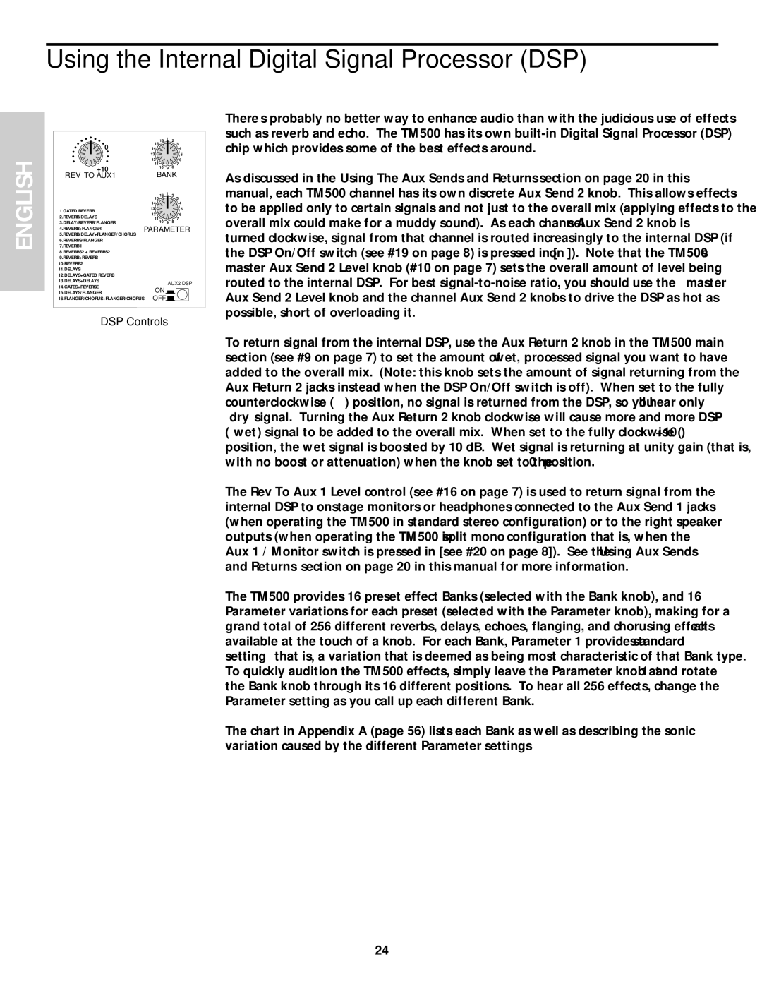 Samson TM 500 owner manual Using the Internal Digital Signal Processor DSP, Parameter 