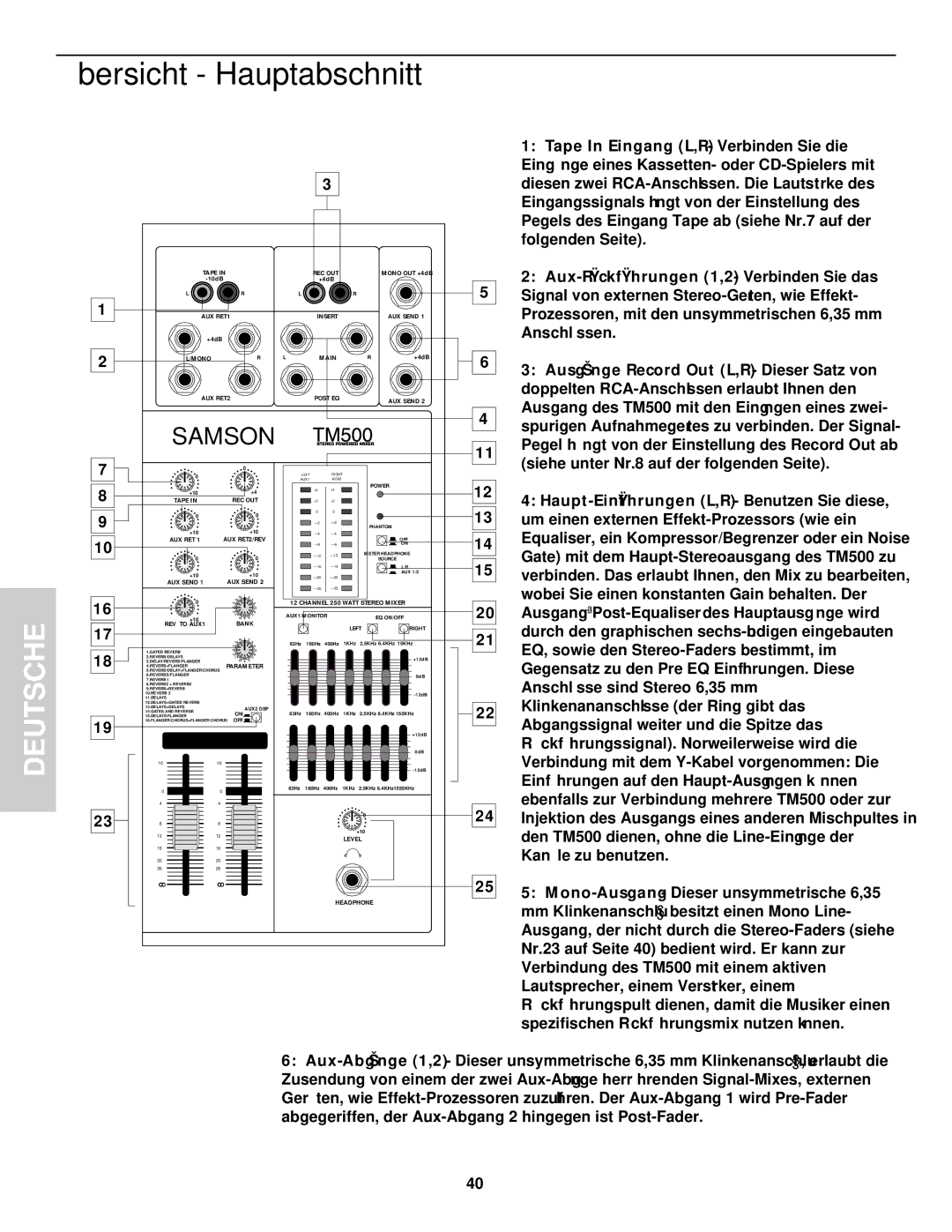 Samson TM 500 owner manual Übersicht Hauptabschnitt, REV to AUX1 Bank 