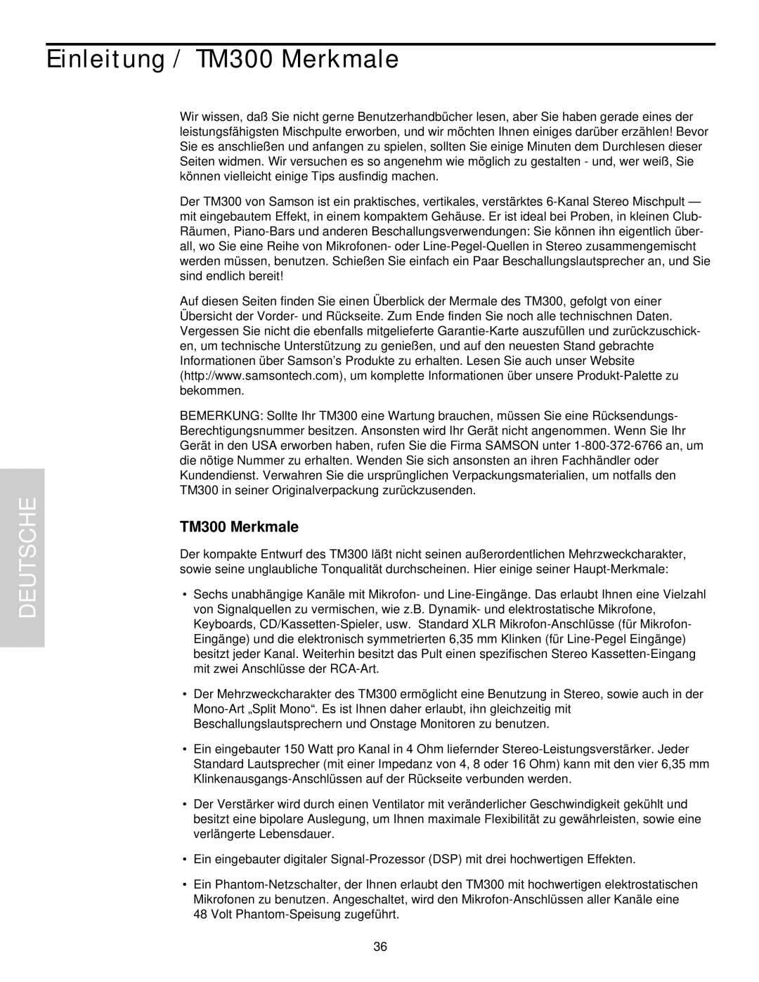 Samson owner manual Einleitung / TM300 Merkmale, Deutsche 