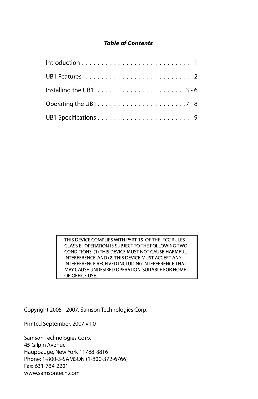 Samson UB1 manual Table of Contents 