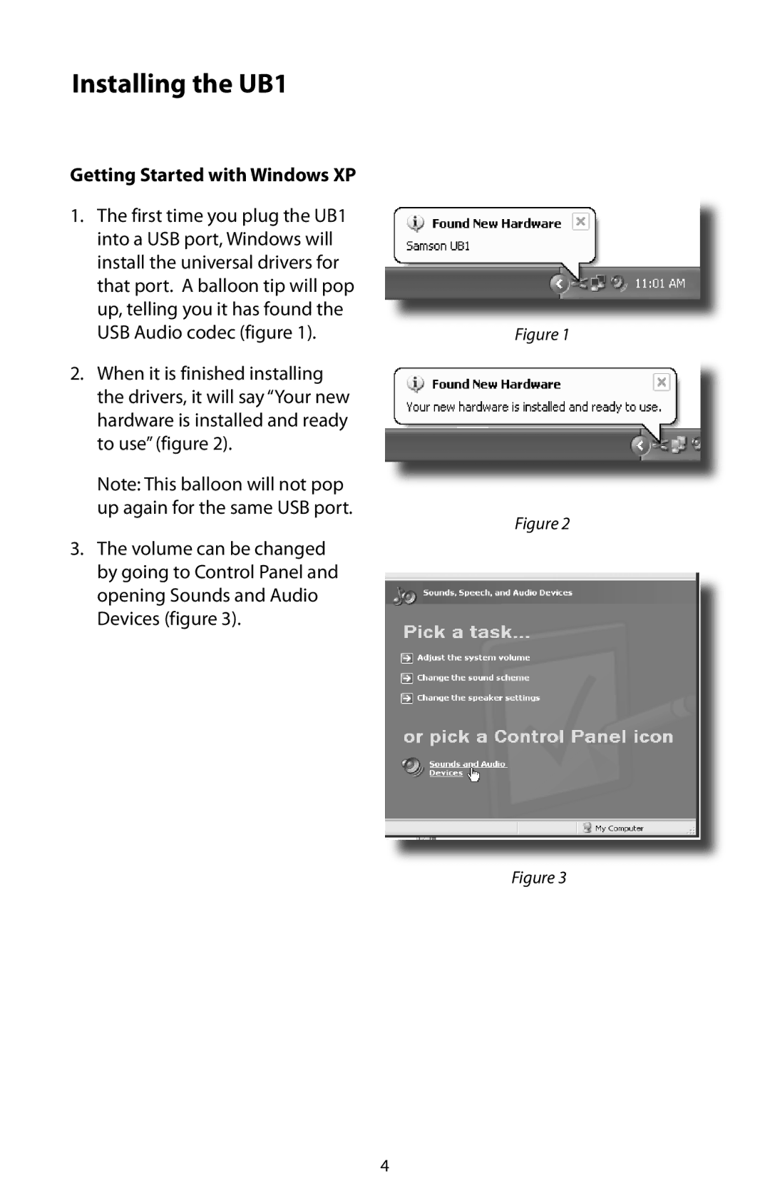 Samson UB1 manual Getting Started with Windows XP 