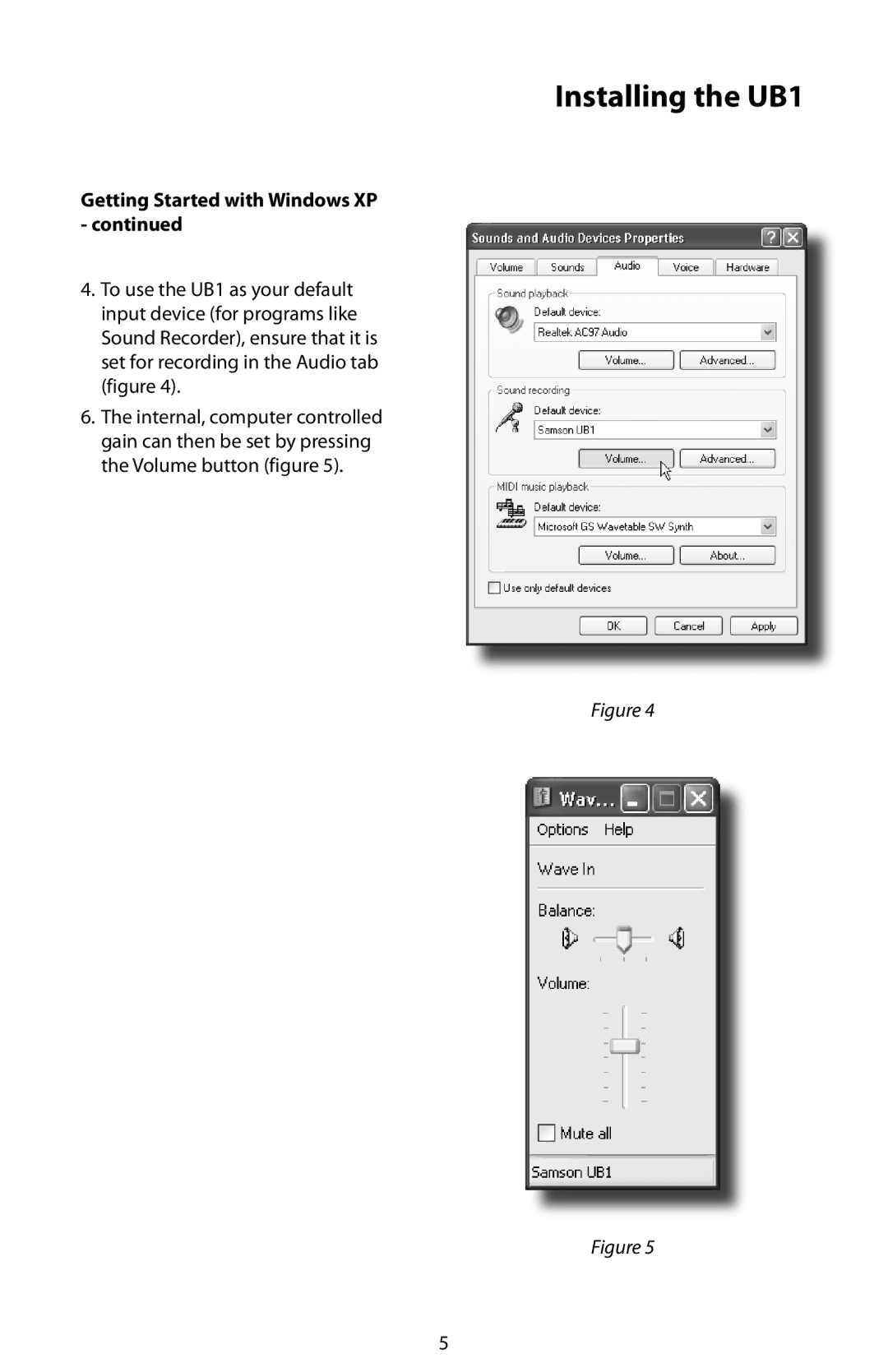 Samson UB1 manual Getting Started with Windows XP 