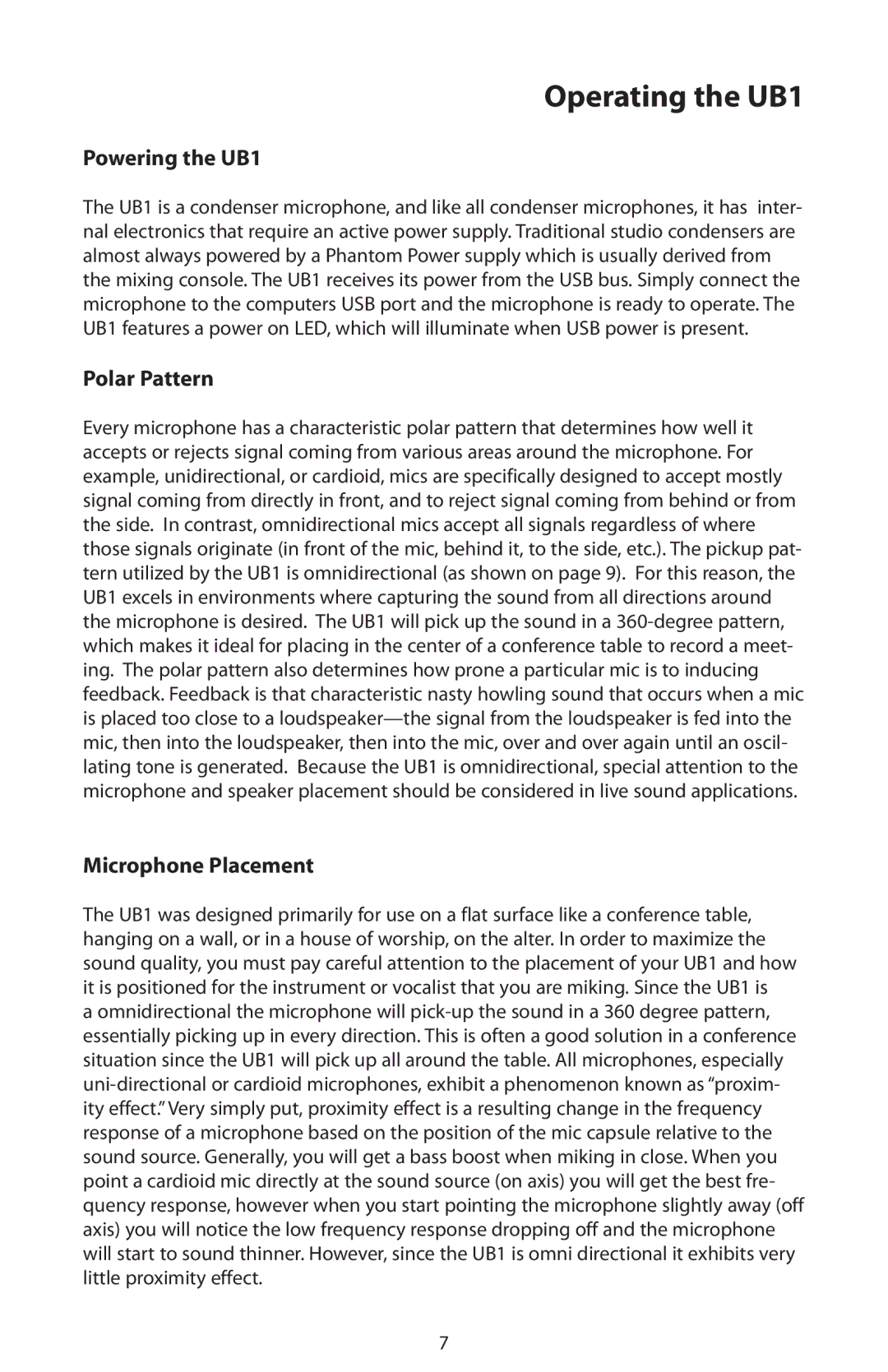 Samson manual Operating the UB1, Powering the UB1, Polar Pattern, Microphone Placement 