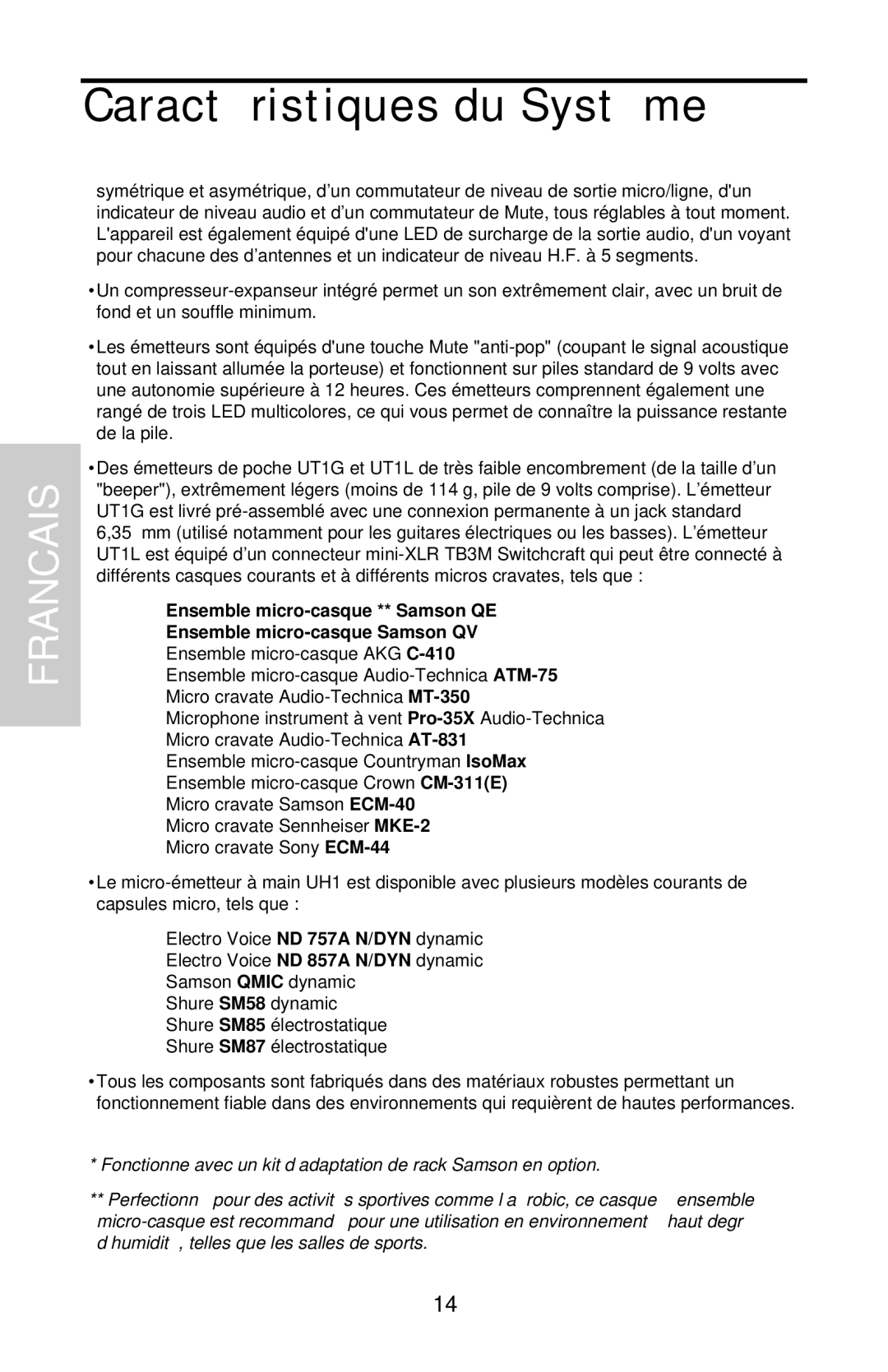 Samson UHF 801 owner manual Caractéristiques du Système 