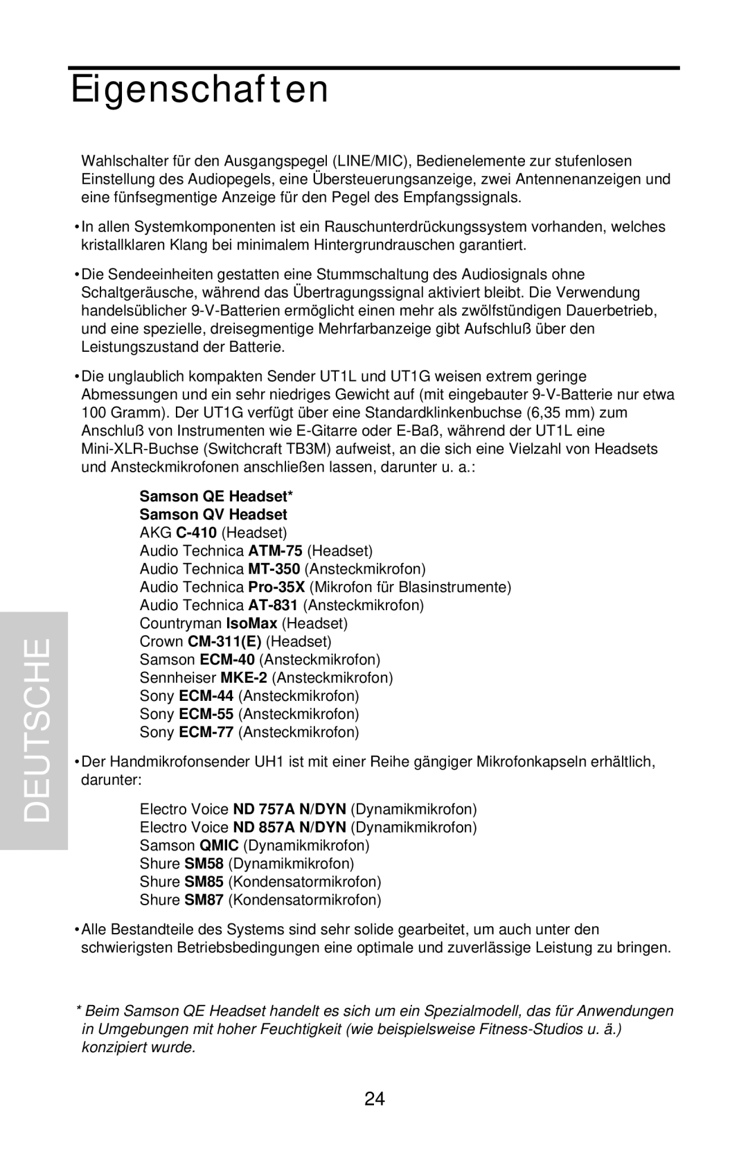 Samson UHF 801 owner manual Eigenschaften 