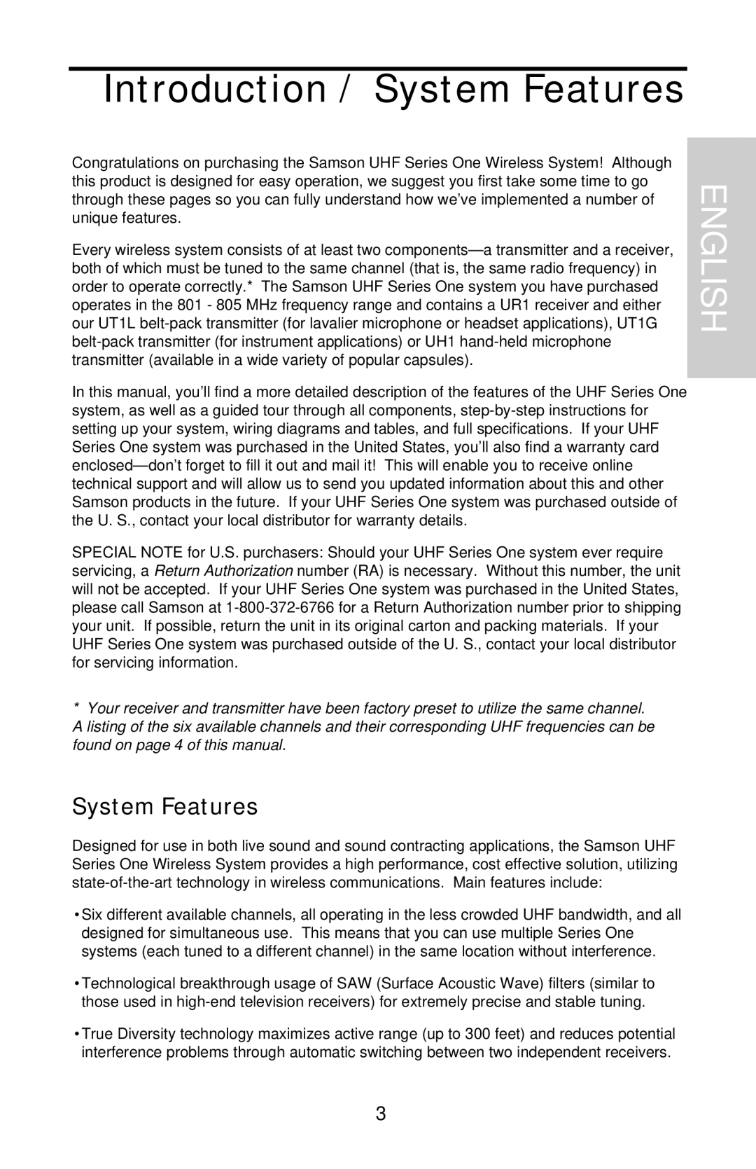 Samson UHF 801 owner manual Introduction / System Features, English 