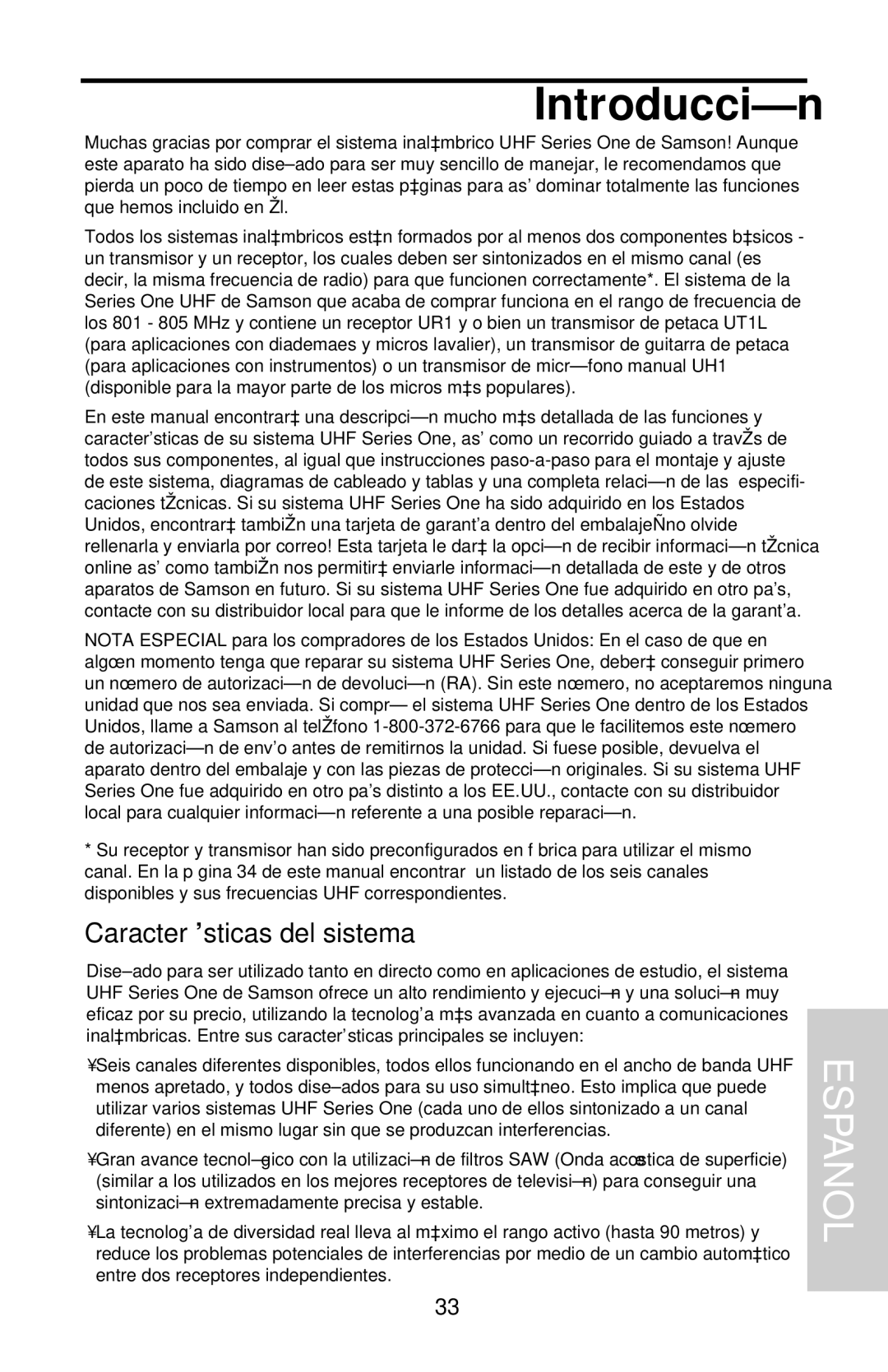 Samson UHF 801 owner manual Introducción, Características del sistema 