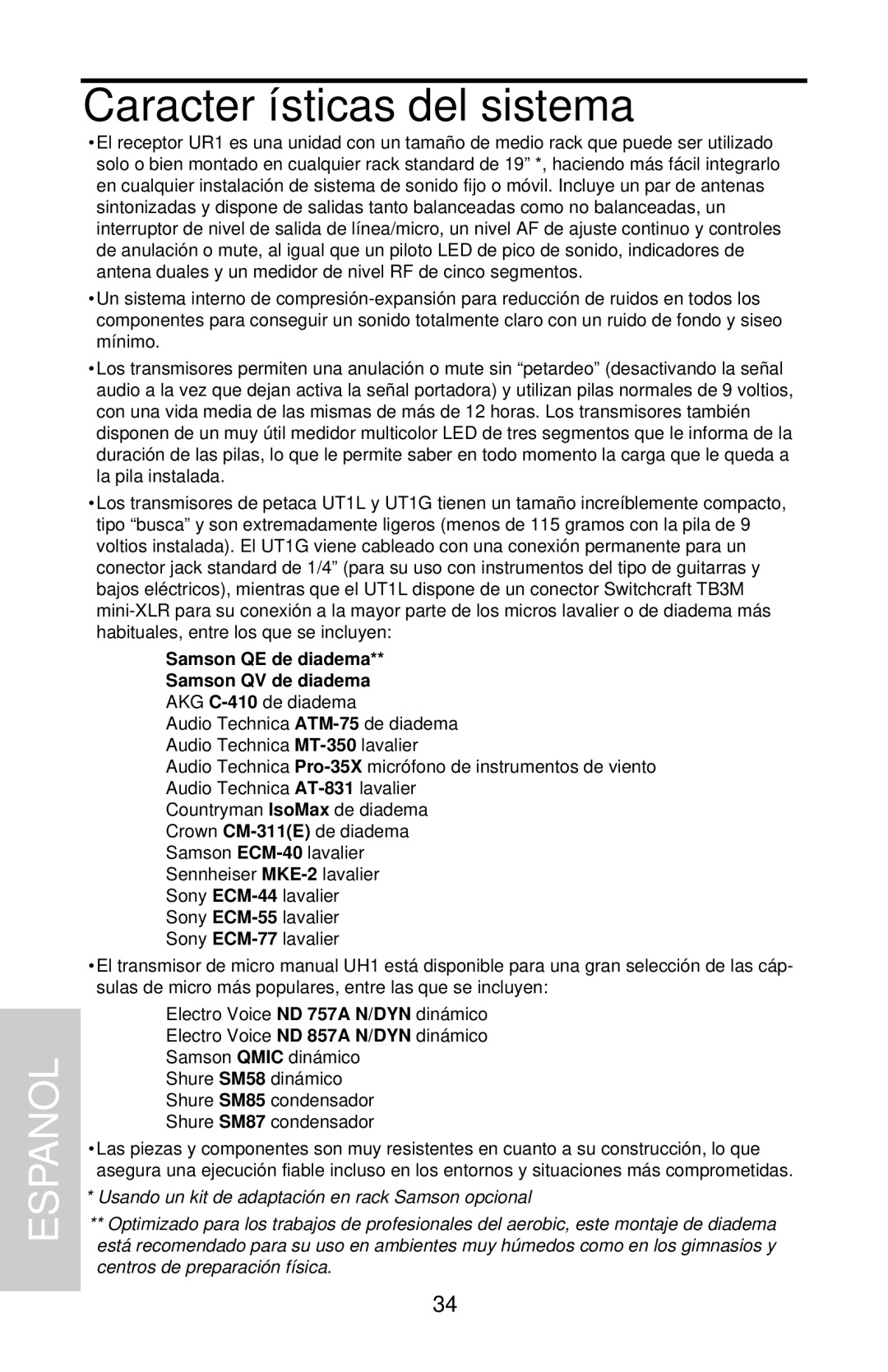 Samson UHF 801 owner manual Características del sistema, Samson QE de diadema Samson QV de diadema 