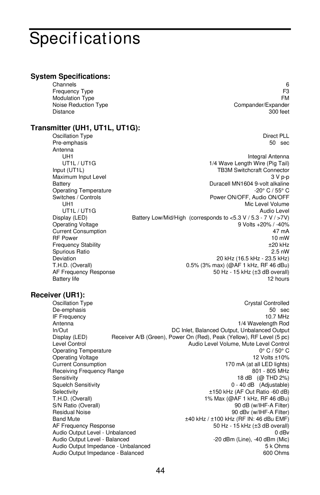 Samson UHF 801 owner manual System Specifications 