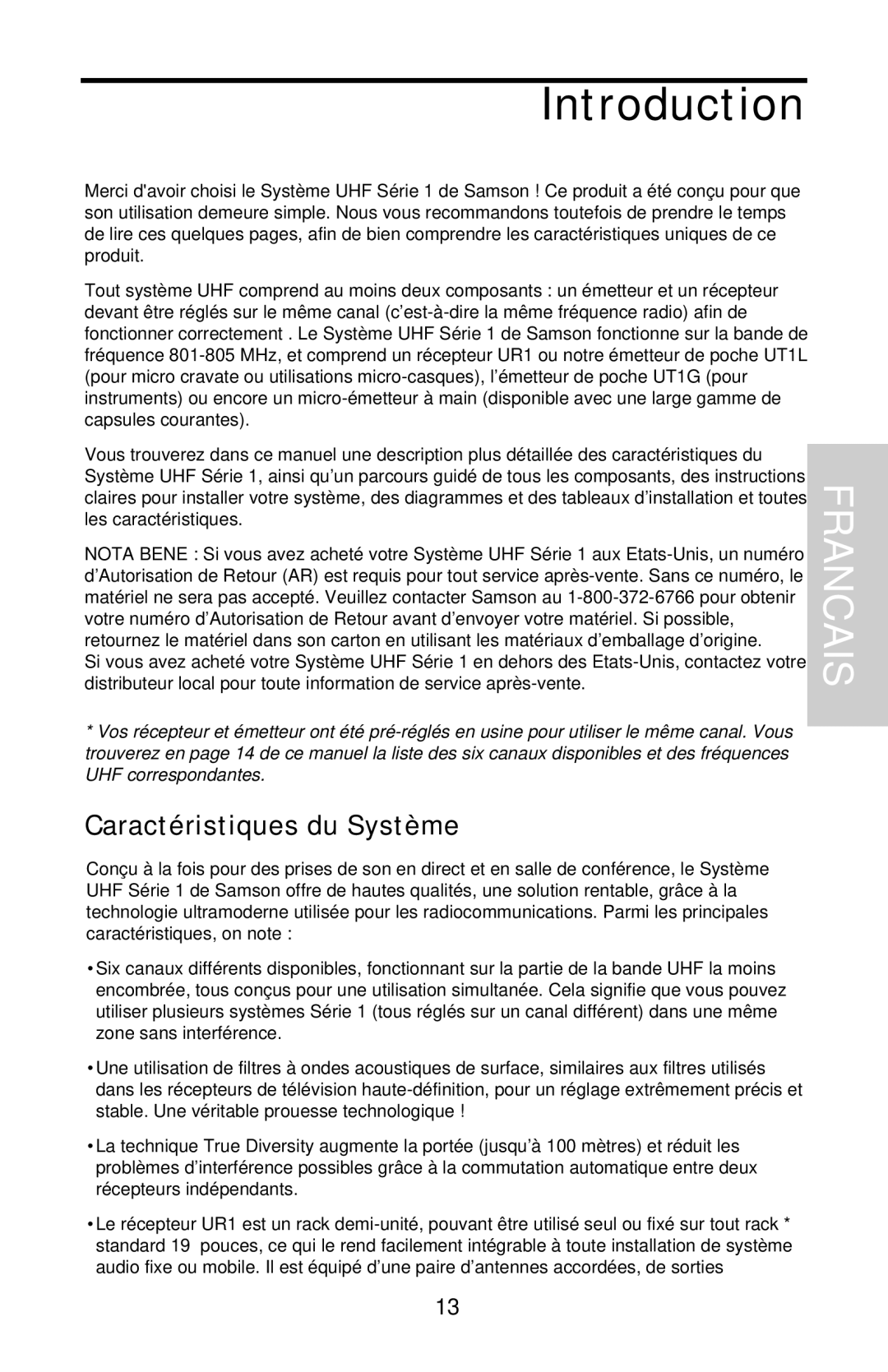 Samson UHF 801 owner manual Introduction, Francais, Caractéristiques du Système 