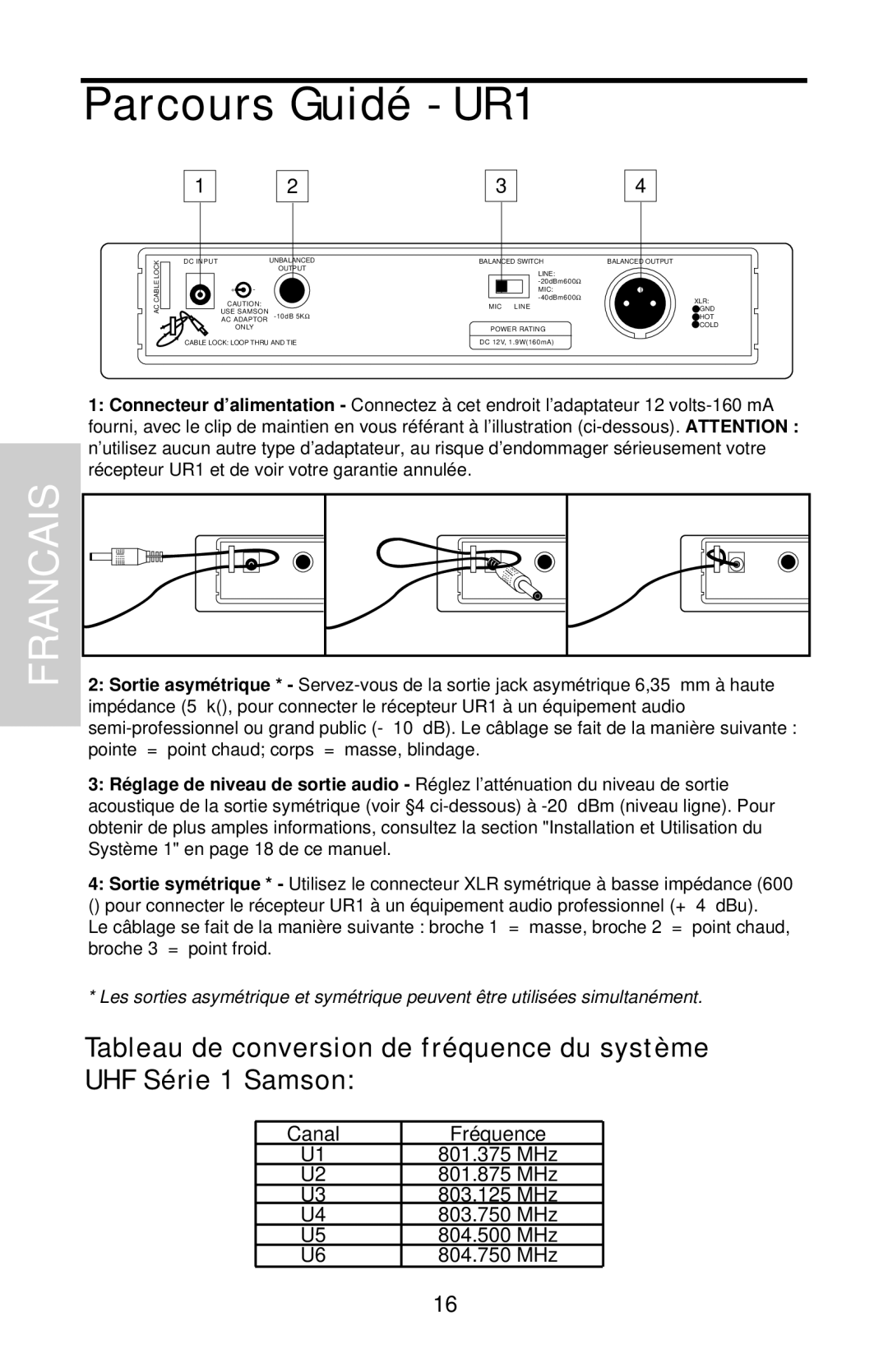 Samson UHF 801 owner manual Parcours Guidé - UR1, Francais, Canal 