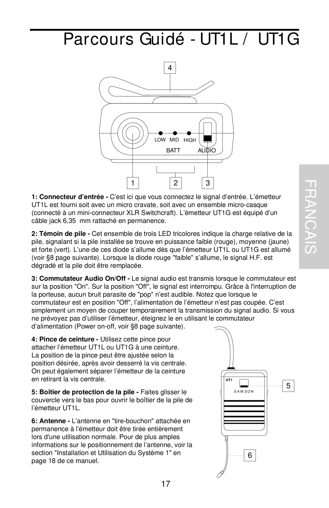 Samson UHF 801 owner manual Parcours Guidé - UT1L / UT1G, Francais 