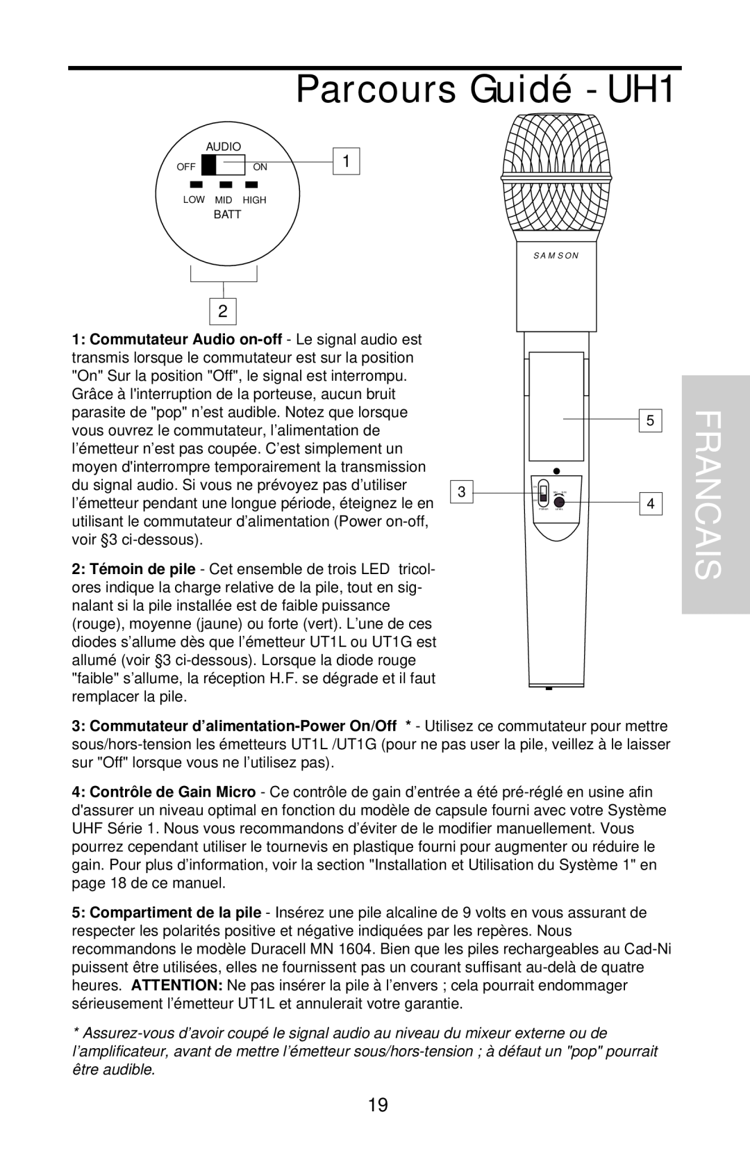 Samson UHF 801 owner manual Parcours Guidé - UH1, Francais 