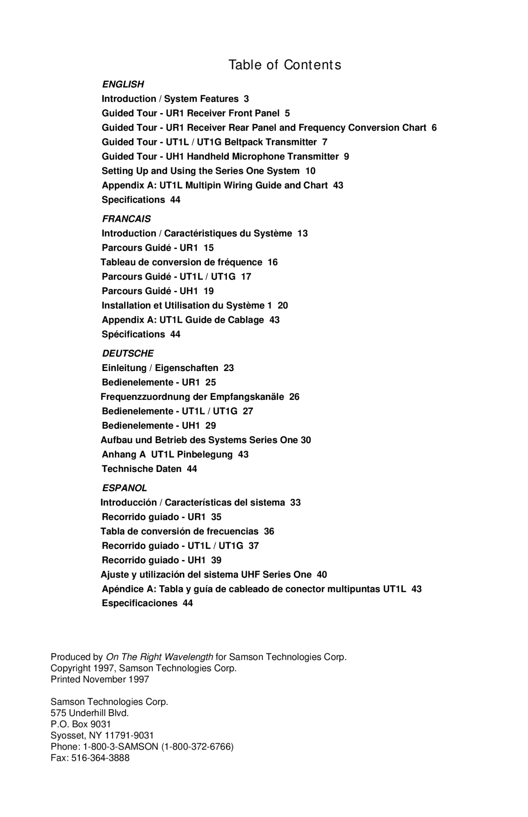 Samson UHF 801 owner manual Table of Contents, English, Francais, Deutsche, Espanol 