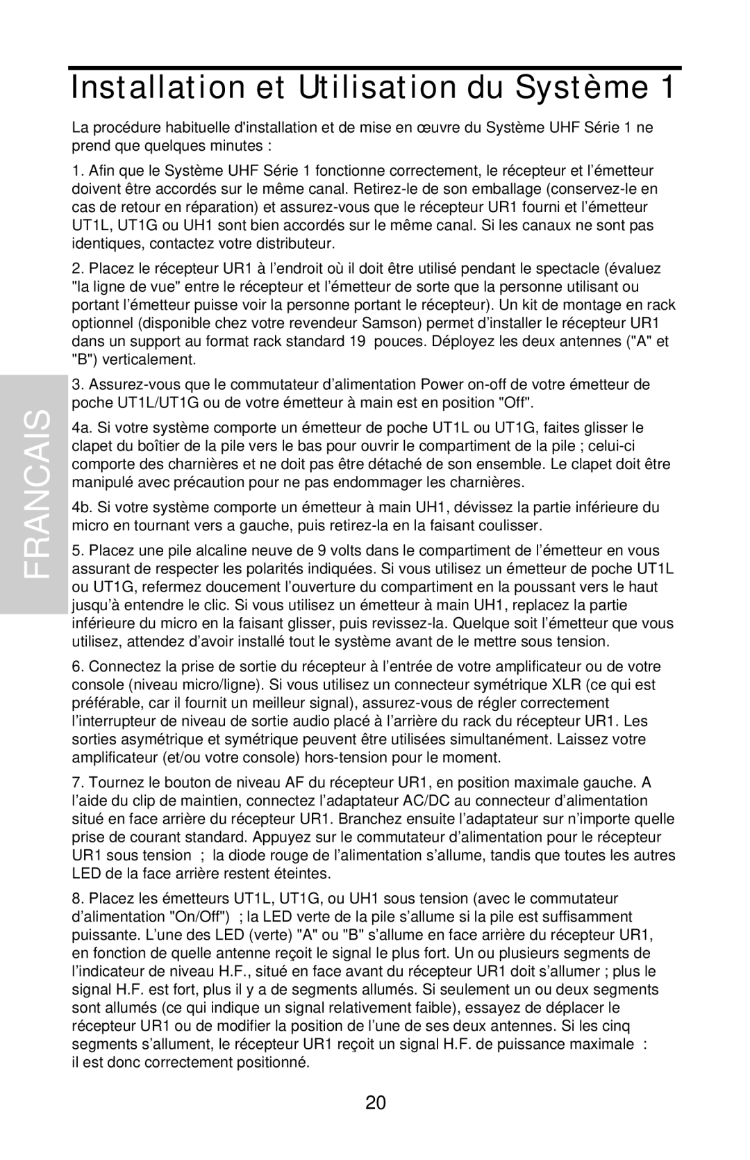 Samson UHF 801 owner manual Installation et Utilisation du Système, Francais 