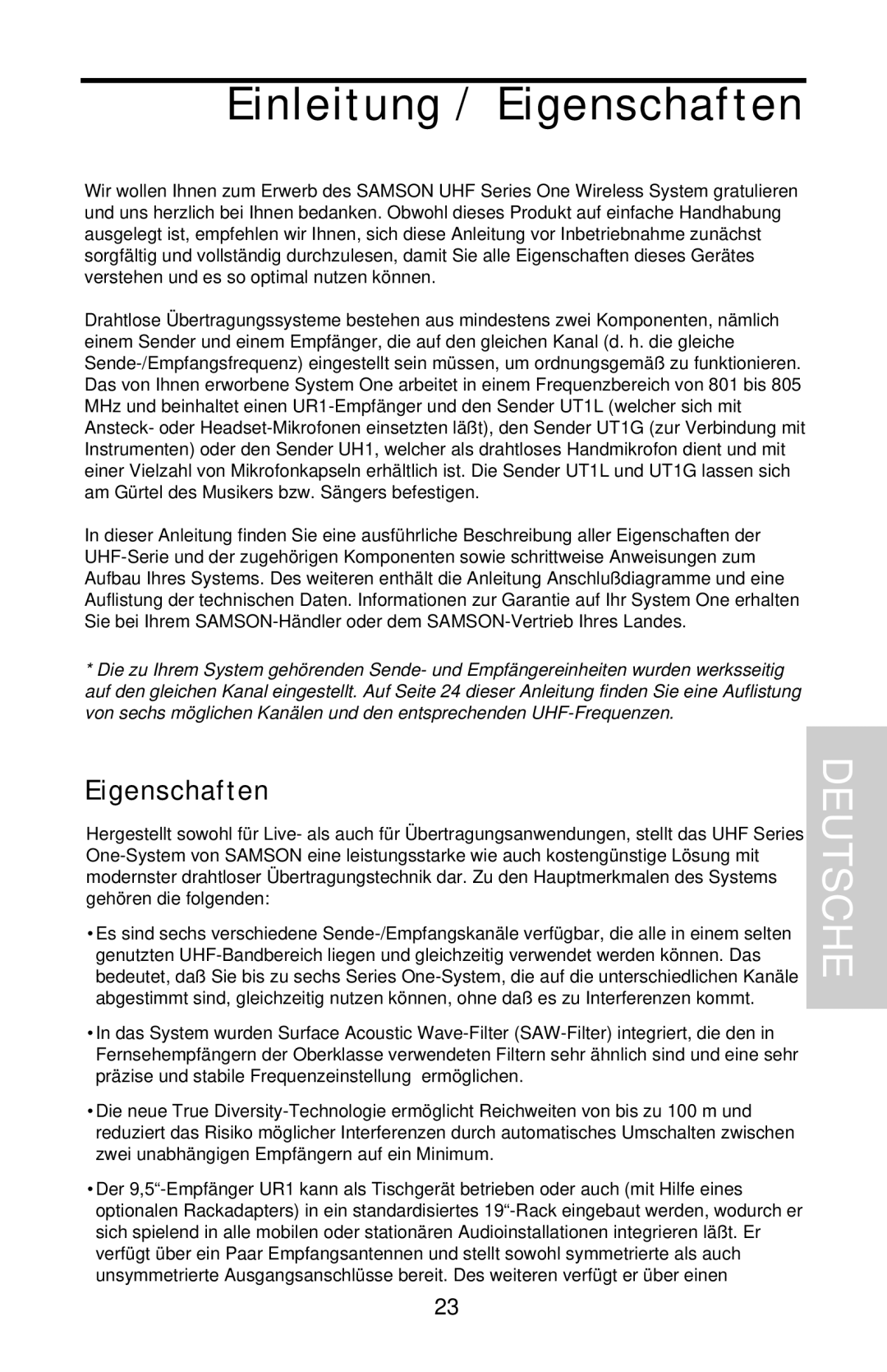 Samson UHF 801 owner manual Einleitung / Eigenschaften, Deutsche 
