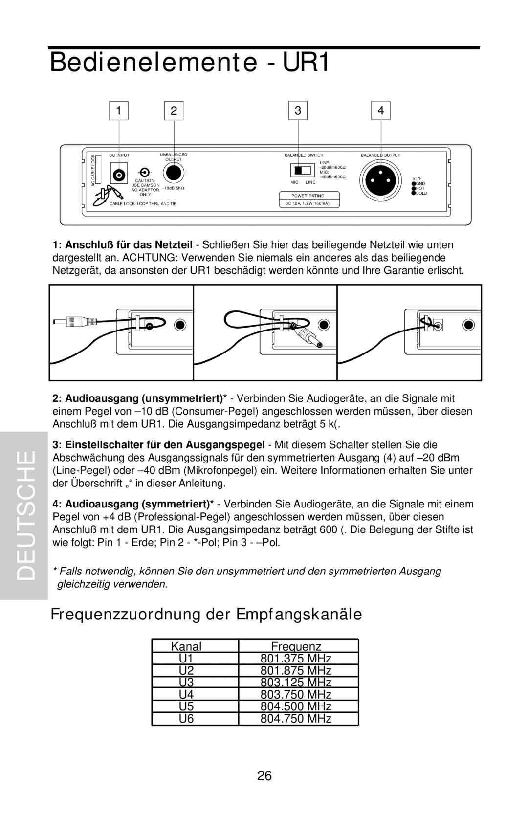 Samson UHF 801 owner manual Frequenzzuordnung der Empfangskanäle, Bedienelemente - UR1, Deutsche 