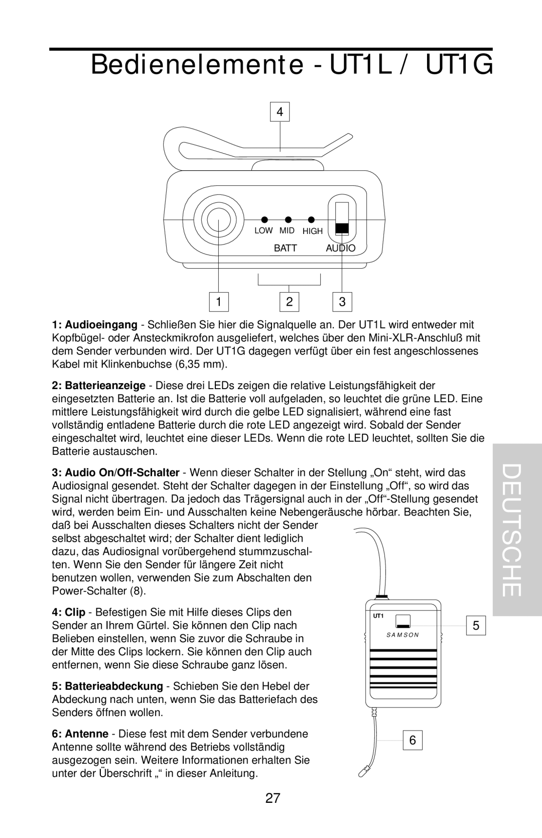 Samson UHF 801 owner manual Bedienelemente - UT1L / UT1G, Deutsche 