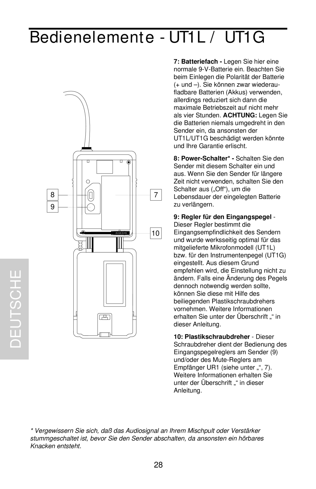 Samson UHF 801 owner manual Bedienelemente - UT1L / UT1G, Deutsche 
