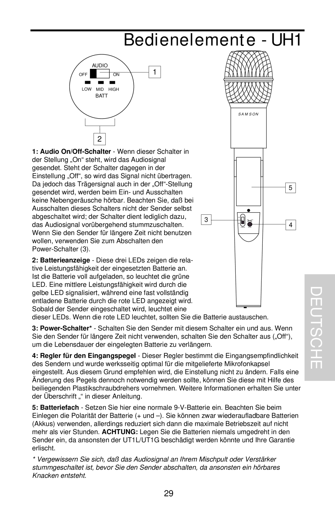Samson UHF 801 owner manual Bedienelemente - UH1, Deutsche 