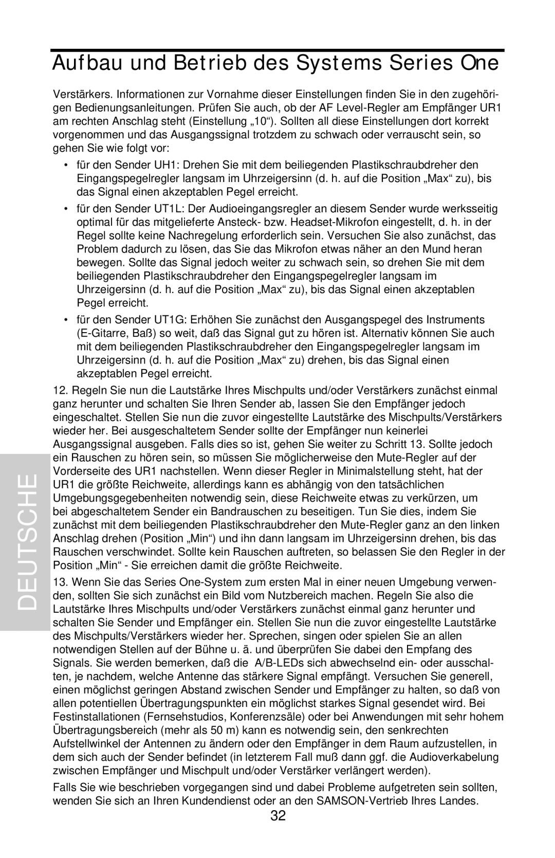 Samson UHF 801 owner manual Deutsche, Aufbau und Betrieb des Systems Series One 