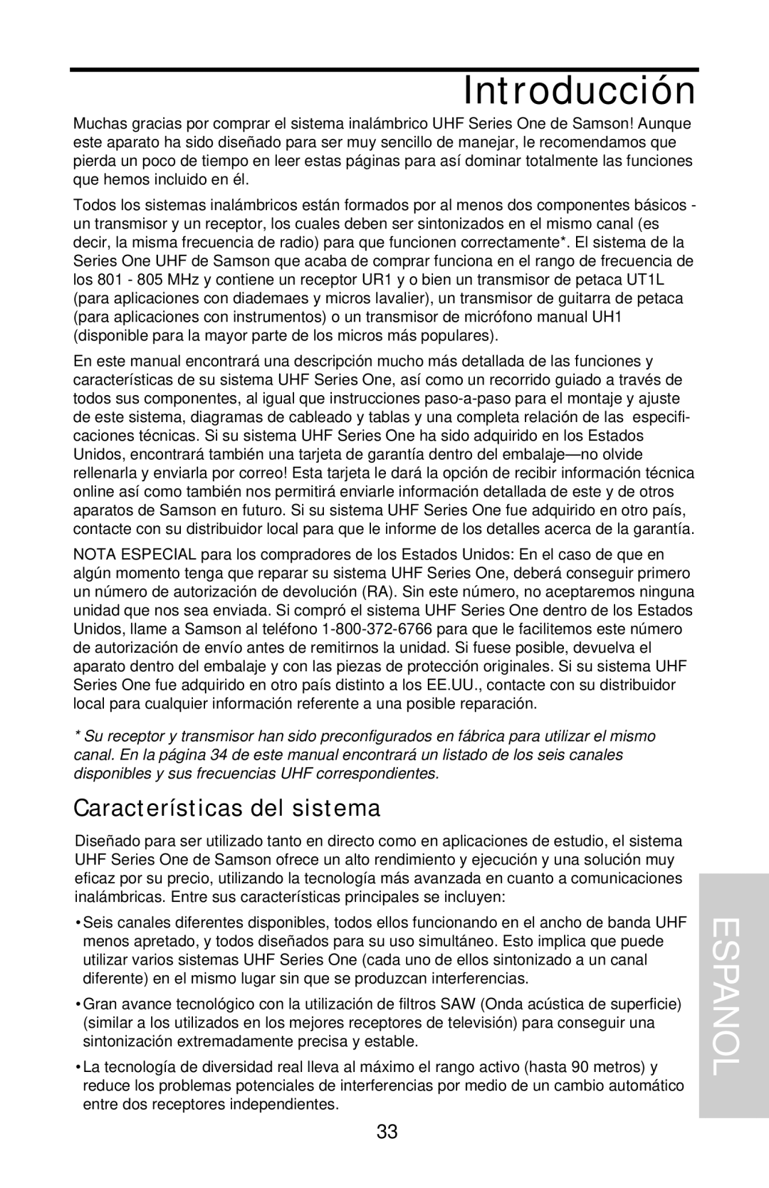 Samson UHF 801 owner manual Introducción, Espanol, Características del sistema 