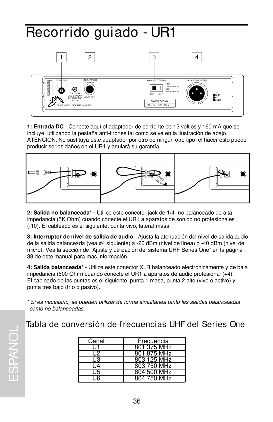 Samson UHF 801 owner manual Recorrido guiado - UR1, Espanol, Canal 